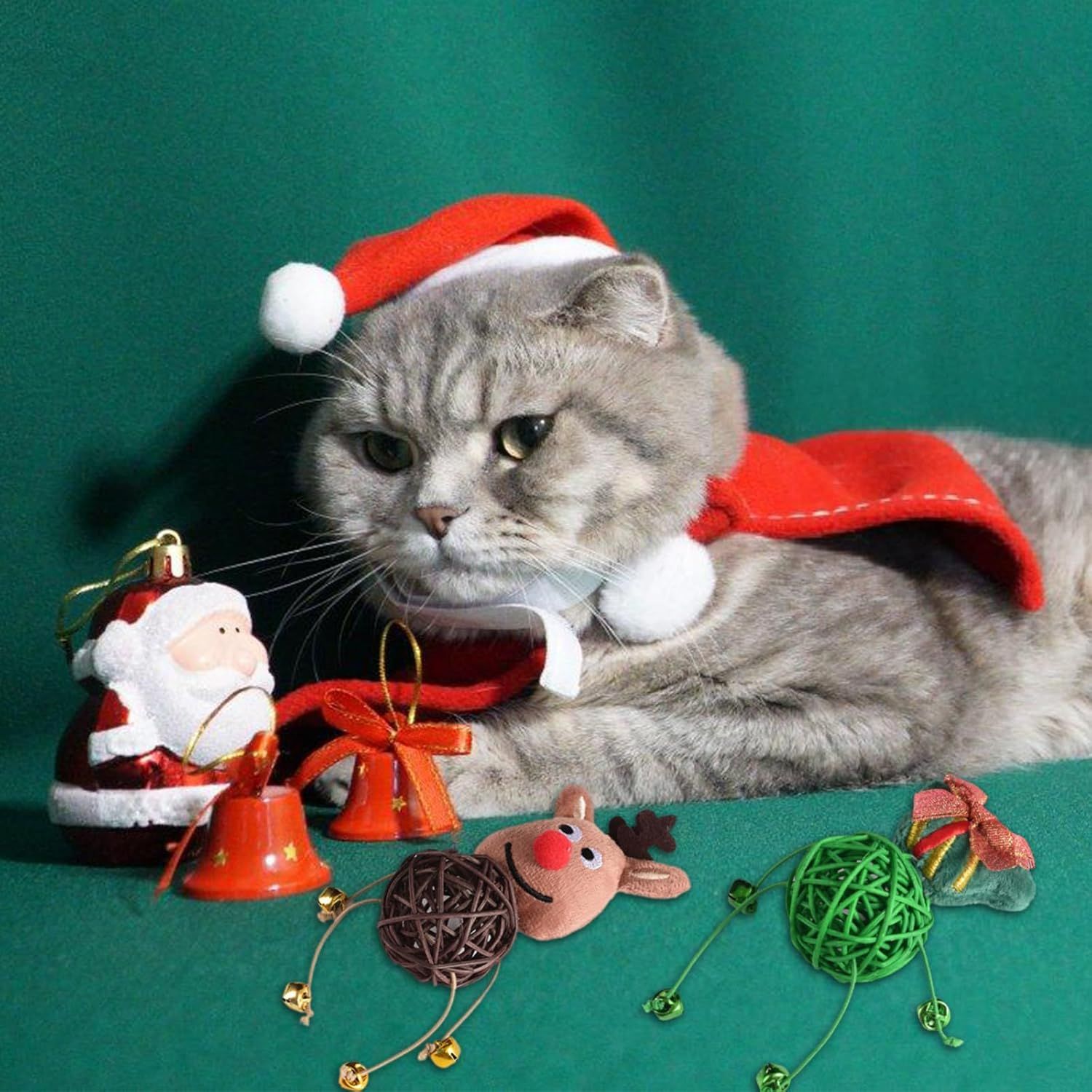 3 Pieces Christmas Cat Toys Santa Claus Kitten Rattan Balls Toys Elk Indoor Cats Plaything Toys Xmas Tree Chew Interactive Toy Christmas Pet Rattan Balls Toy for Cats Claw Chewing Teeth Cleaning image number 1