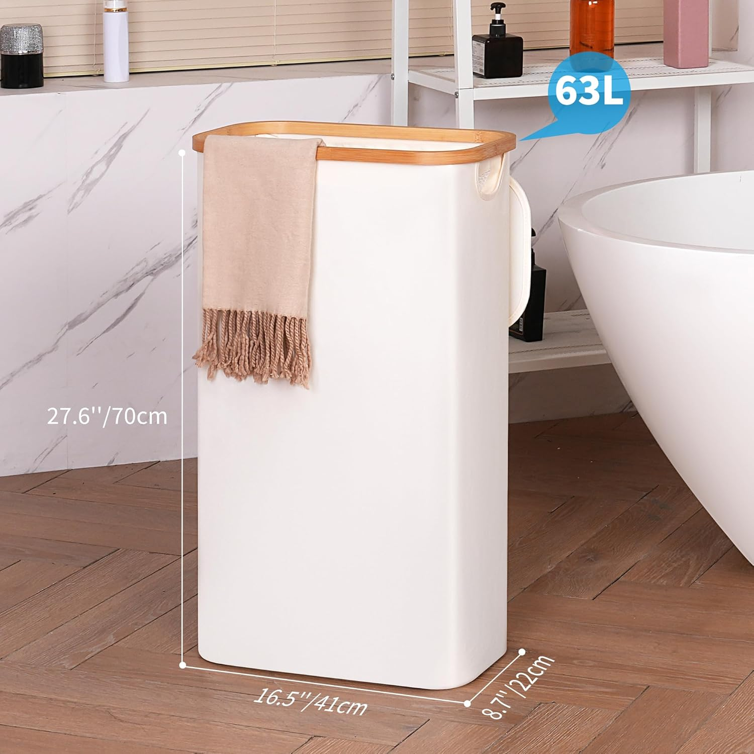 Efluky Slim Laundry Basket with Lid, Tall Narrow Washing Basket for Laundry, Folding Small Slimline Laundry Baskets for Dirty Clothes, 63L Cloth Storage Basket Beige image number 3