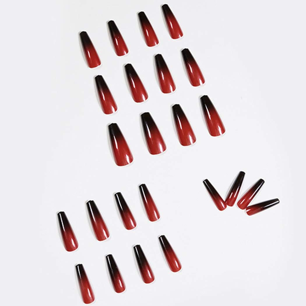 Outyua Halloween Red Black Press on Nails Ombre Coffin Fake Nails Long False Nails with Designs Acrylic Witch Ghost Nails for Women and Girls 24Pcs (Red & Black) image number 5