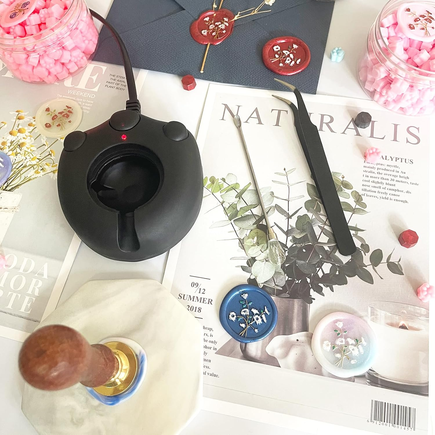 Black Electric Wax Seal Warmer Wax Seal Kit with Spoon, Tweezers and Stir Stick, Great Tool for Melting Wax Seal Sticks Sealing Wax Beads (01Black) - Purple image number 2