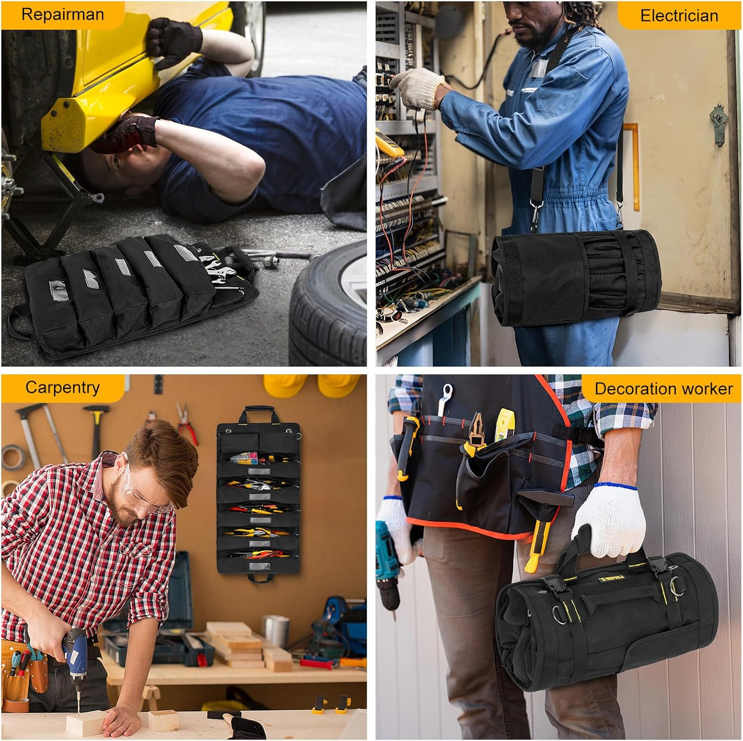 Tool Roll Bag,Roll up Tool Bag Organizer,13 Pockets Large Heavy Duty Portable Tool Storage Carrierpouch Bag for Men,Mechanic,Electrician & Hobbyist,Black image number 3