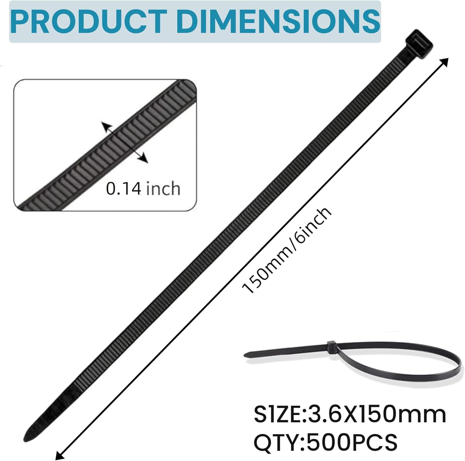 500 Cable Ties, 150Mm X 3.5Mm Nylon Zip Ties, Self-Locking Nylon Cable Wire Ties, Multi-Purpose Cable Zip Ties for Indoor and Outdoor Use (Black)