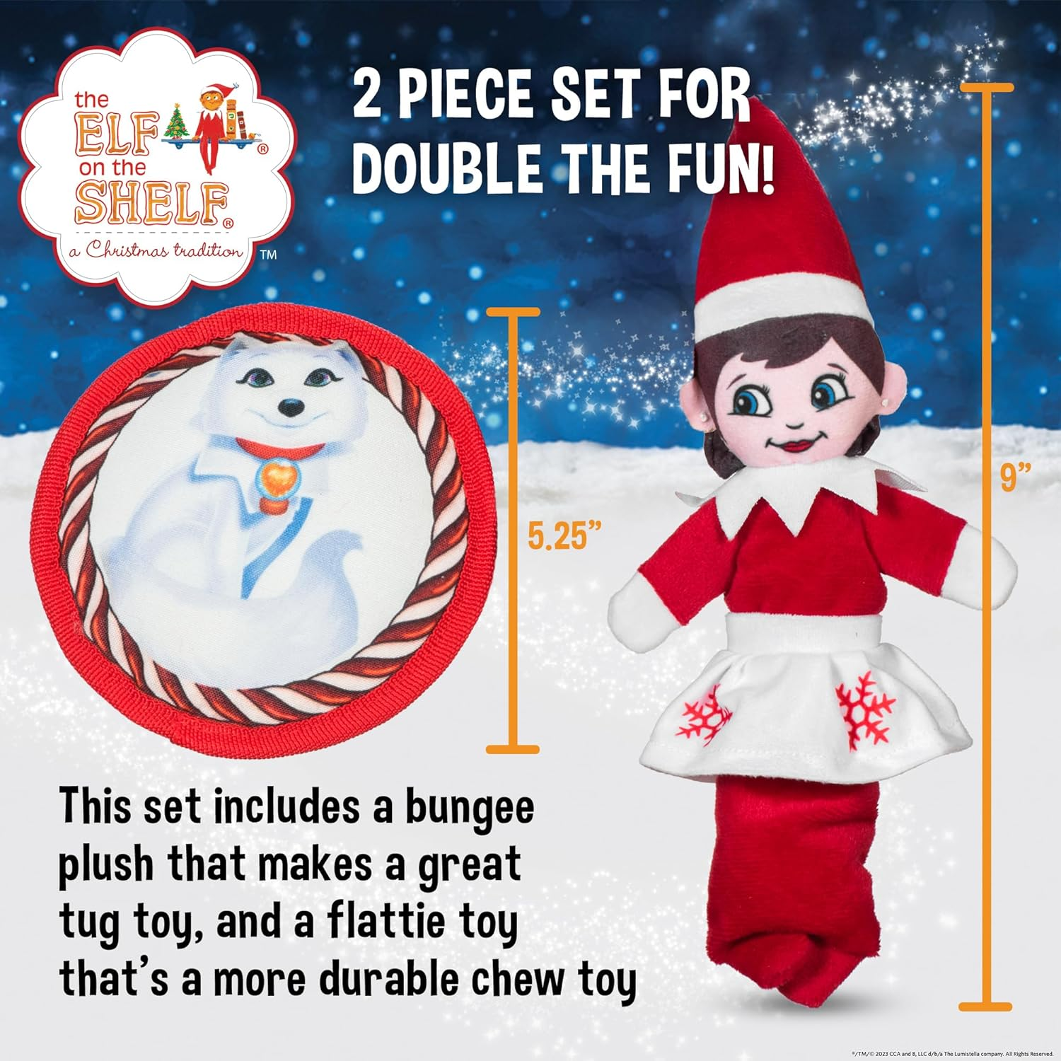 The Elf on the Shelf 2Pc Dog Toy Set with Elastic Scout Elf + Elf Pets Arctic Fox Plush Flattie Disk, Squeaky Dog Toys | Bungee Dog Toys for Tug | Stocking Stuffers for Dogs image number 5