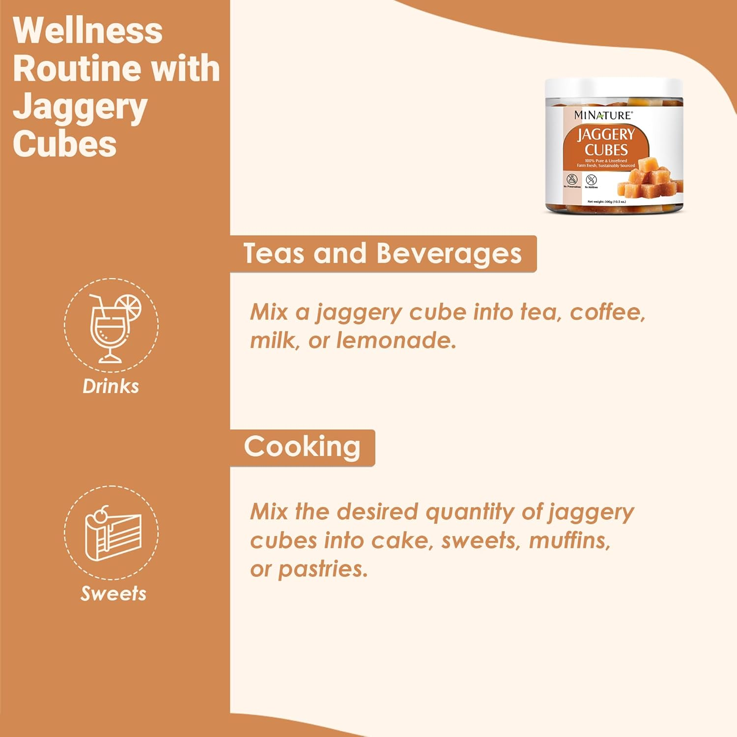 Mi Nature Jaggery Cube| 100% Pure & Unrefined Farm Fresh Sugarcane Gur/Gud Blocks| Rich in Vitamins & Minerals |Natural Healthy Sweetener & Refined Sugar Substitute| No Additive & Preservative | 300G(10.5Oz) image number 2