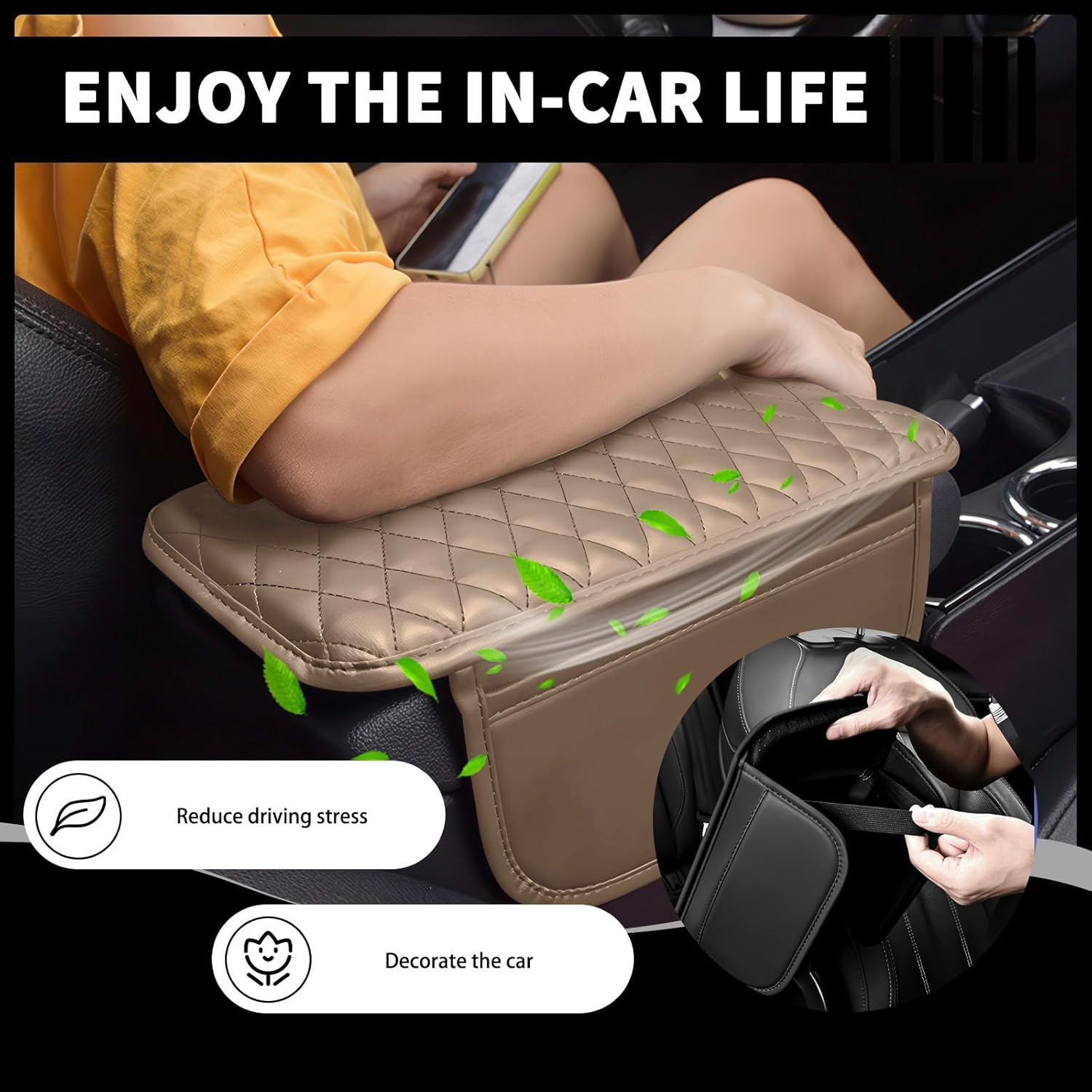 Car Center Console Cover with 2 Storage Bags, Leather Arm Rest Cover for Car Accessories Interior, Auto Universal Middle Console Cover Cushion Protector for Most Vehicle (Beige) image number 5