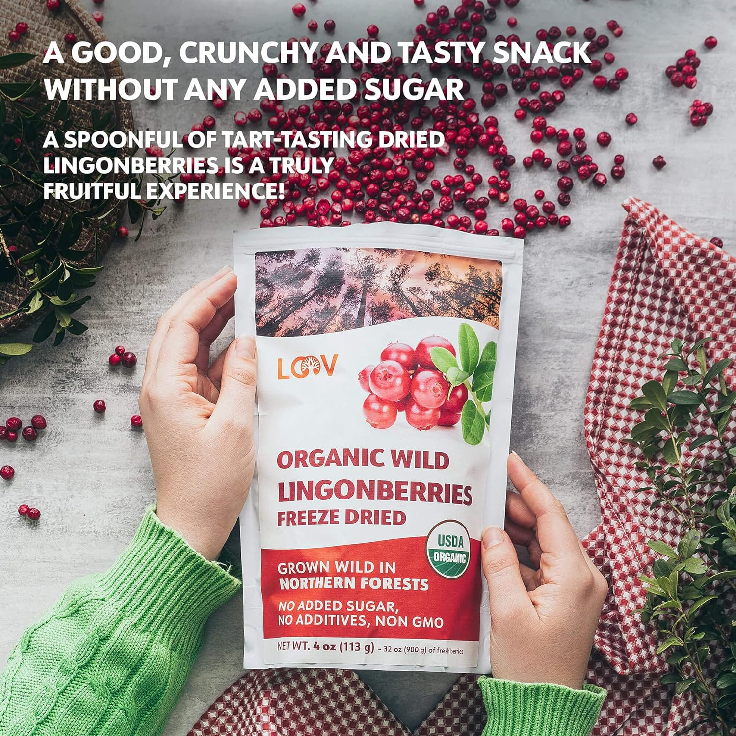 LOOV Freeze Dried Organic Wild Lingonberries, No Sugar Added, 100% Dried Whole Fruit Lingonberries, Wild-Crafted from Northern European Forests, 113 G, 23-Day Supply, Non-Gmo image number 5