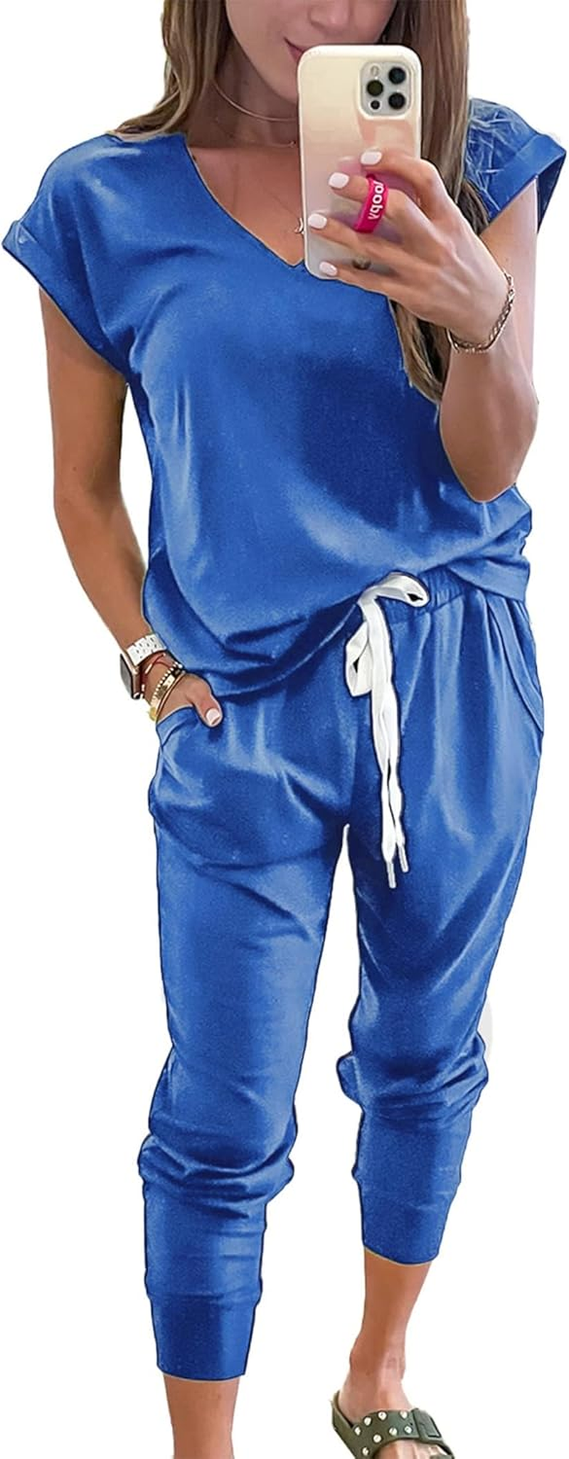 PRETTYGARDEN Women'S Two Piece Tracksuit V Neck Short Sleeve Tops Long Pants with Drawstring Outfits Jogger Sets