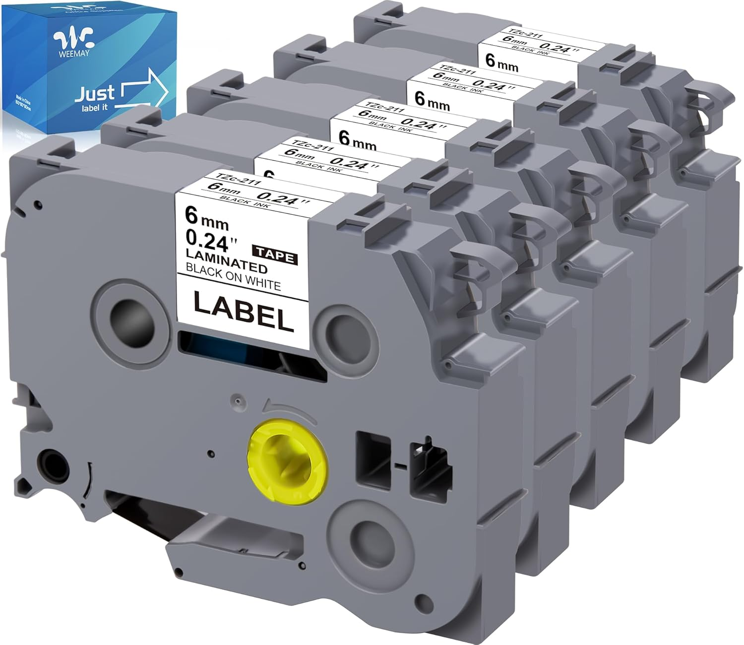 Weemay 5X 6Mm Laminated White Labeling Tape Tze-211 Compatible for Brother Ptouch Label Maker 0.23In (6Mm) X 26.2Ft (8M) Compatible with Tze and TZ 211 Tape, Ideal for Home, Office, and School Use