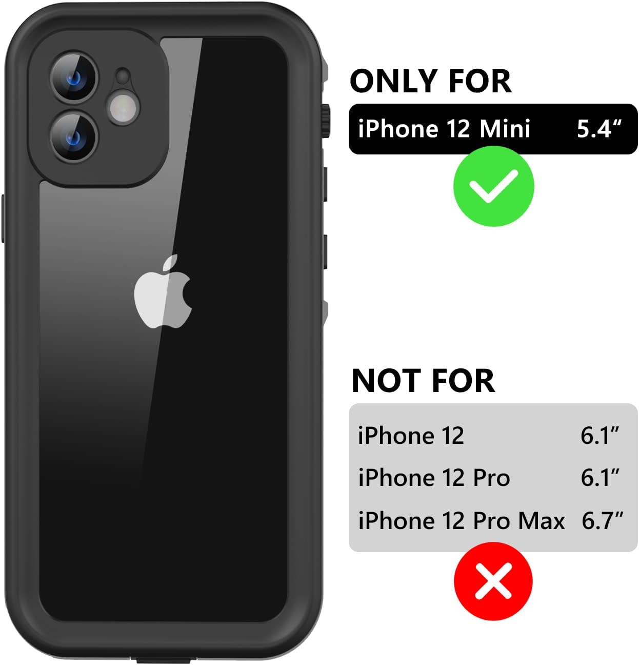 Protebox for Iphone 12 Mini Waterproof Case with Built-In Screen Protector, Shockproof Dustproof Full Body Protective IP68 Waterproof Phone Case for Iphone 12 Mini 5.4 Inch (Black/Clear) image number 6