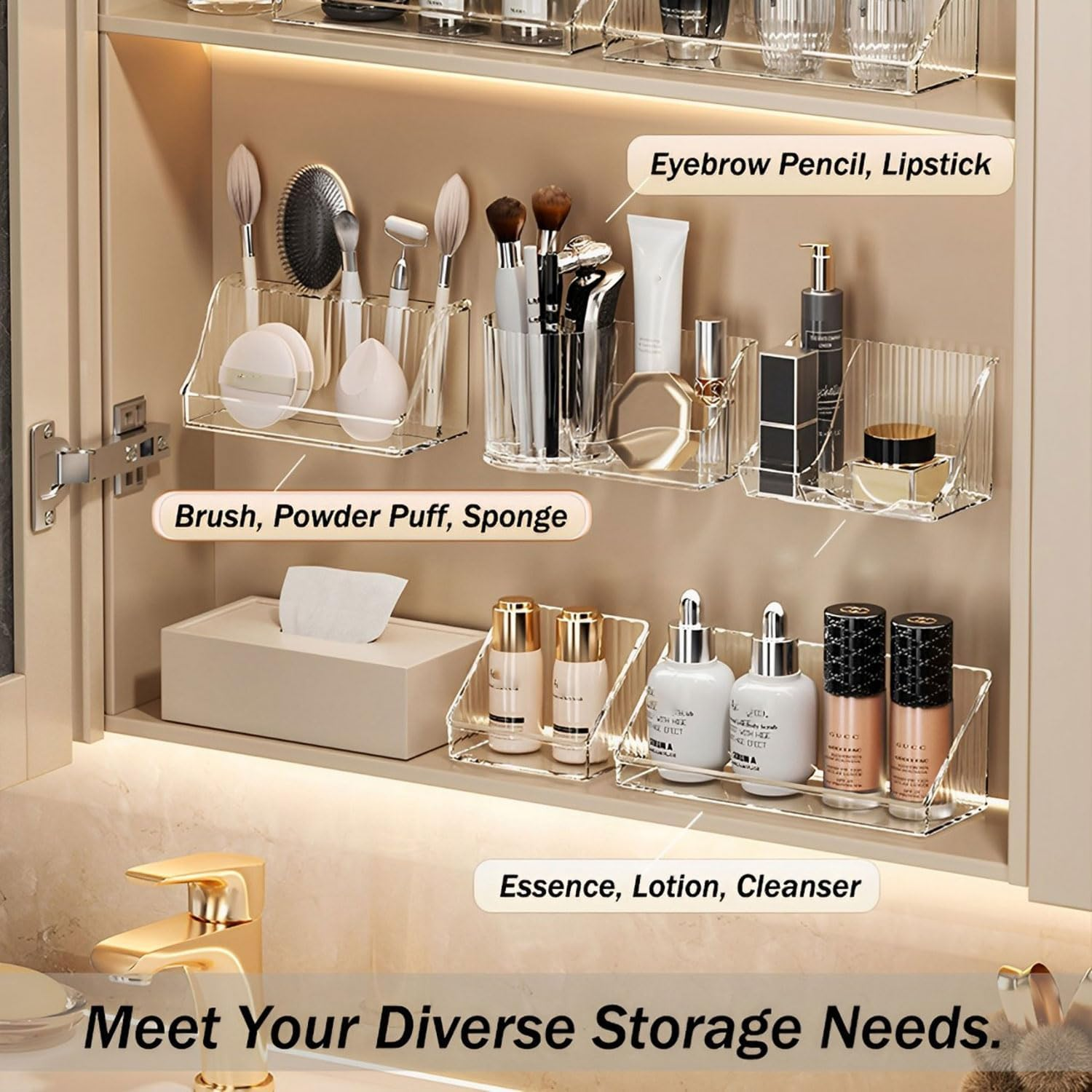 MORNITE 3 Pcs Medicine Cabinet Tray Organizer, Small Adhesive Bathroom Vanity Floating Shelves Storage for Toilet, Mirror Cabinet, Wall, Countertop, Clear image number 2