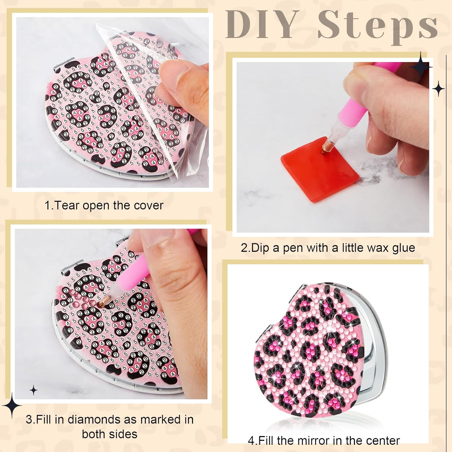 Marsui 4 Pcs Diamond Painting Compact Mirror Art Kits for Adults DIY Pocket Mirror Art Cover Portable Folding Purse Looking Glass for Women(Animal Skin) image number 1