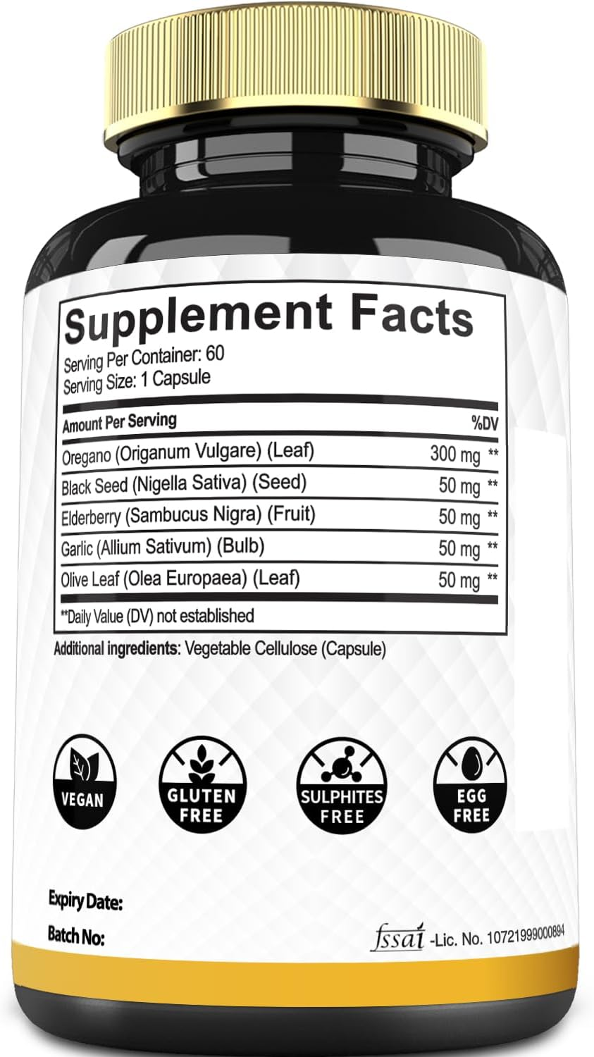 5In1 Oregano Capsules with Oregano Leaves and Black Seed, Elderberry, Garlic Bulb, and Olive - Support Immune & Digestive Health for Men and Women - 60 Count for 2 Months Supply image number 4