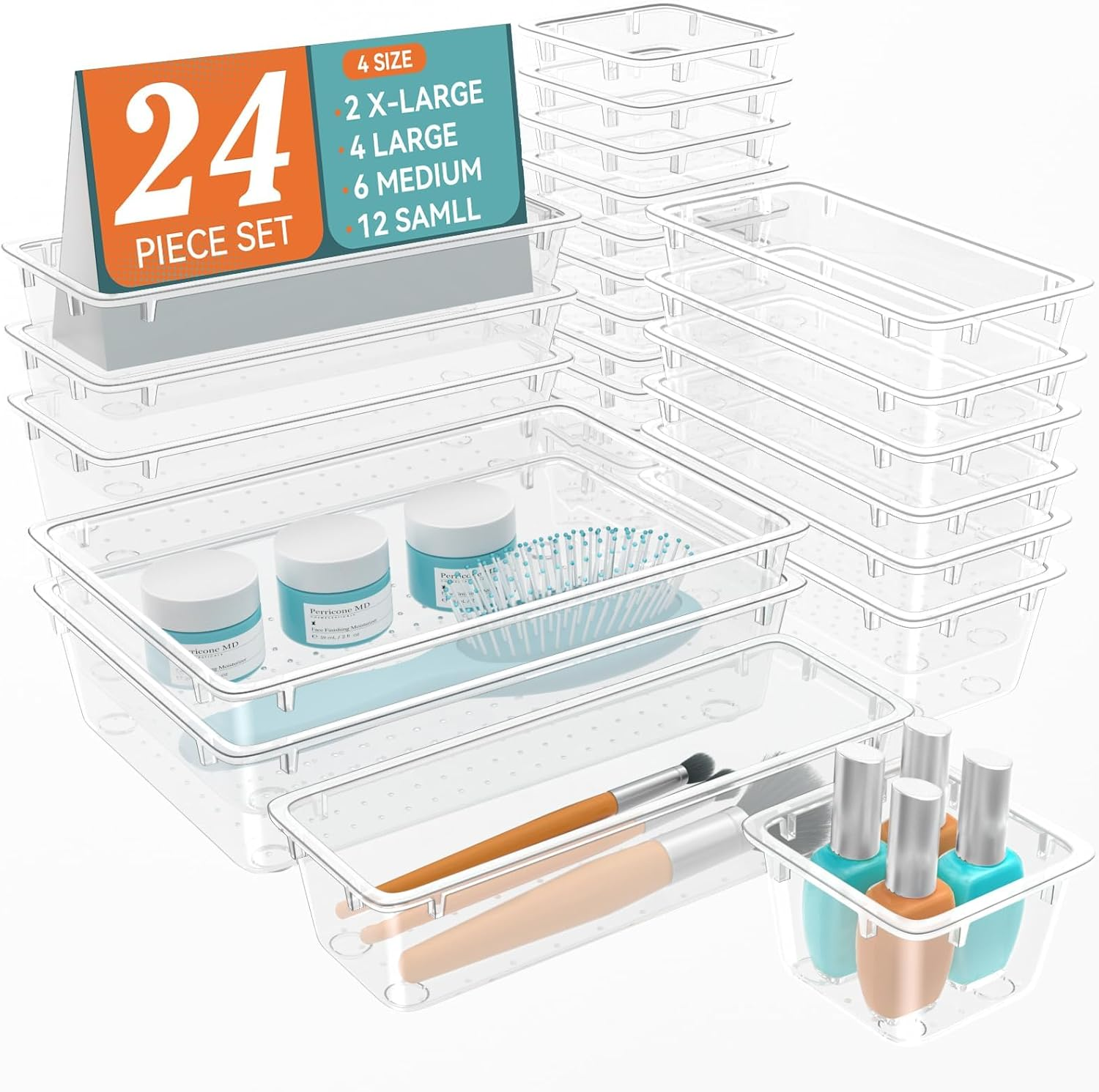 Elegantarray 12 PCS Drawer Organizer Set, 4 Sizes Makeup Vanity Organizer, Clear Plastic Organization and Storage Bins for Makeup, Jewelry, Multiple Gadgets for Kitchen, Bathroom, Office, Bedroom