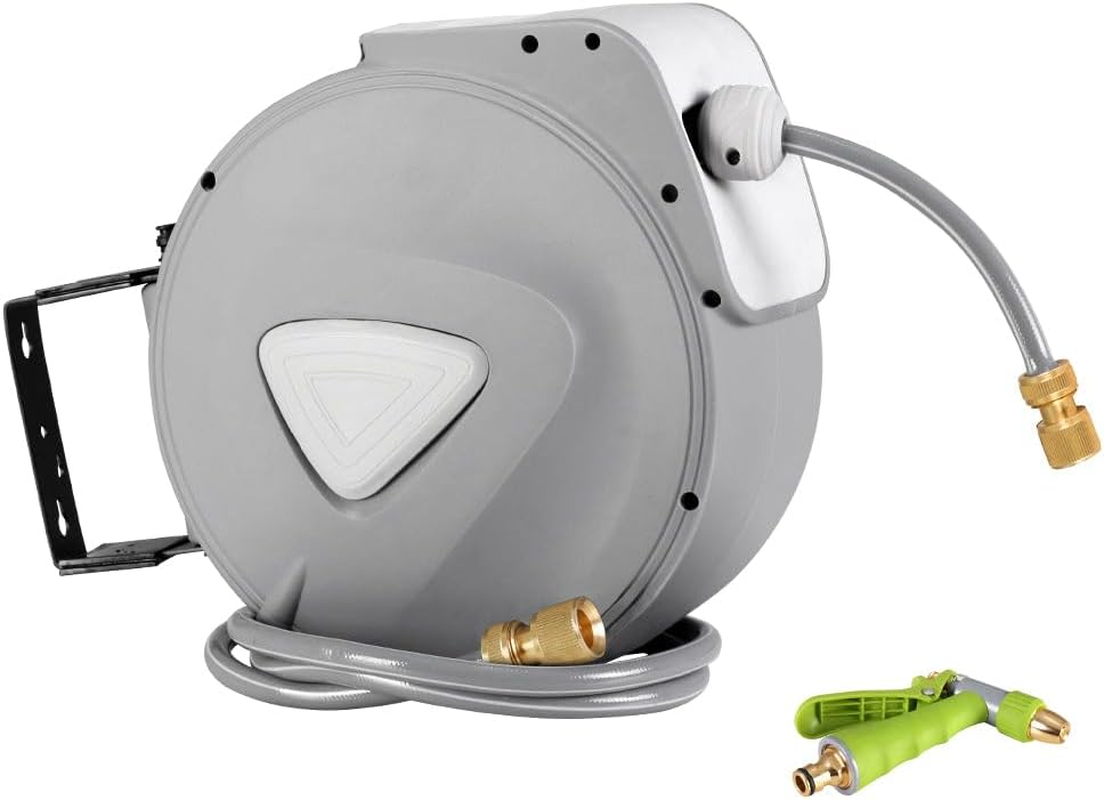 Retractable Hose Reel, 20M Garden Pressure Water Washer Spray Gun Auto Reels Hoselink Wall Watering Hoses Indoor Outdoor Retracting Storage, 180&deg; Swivel Mount Built-In Handle Rubber Stopper Grey