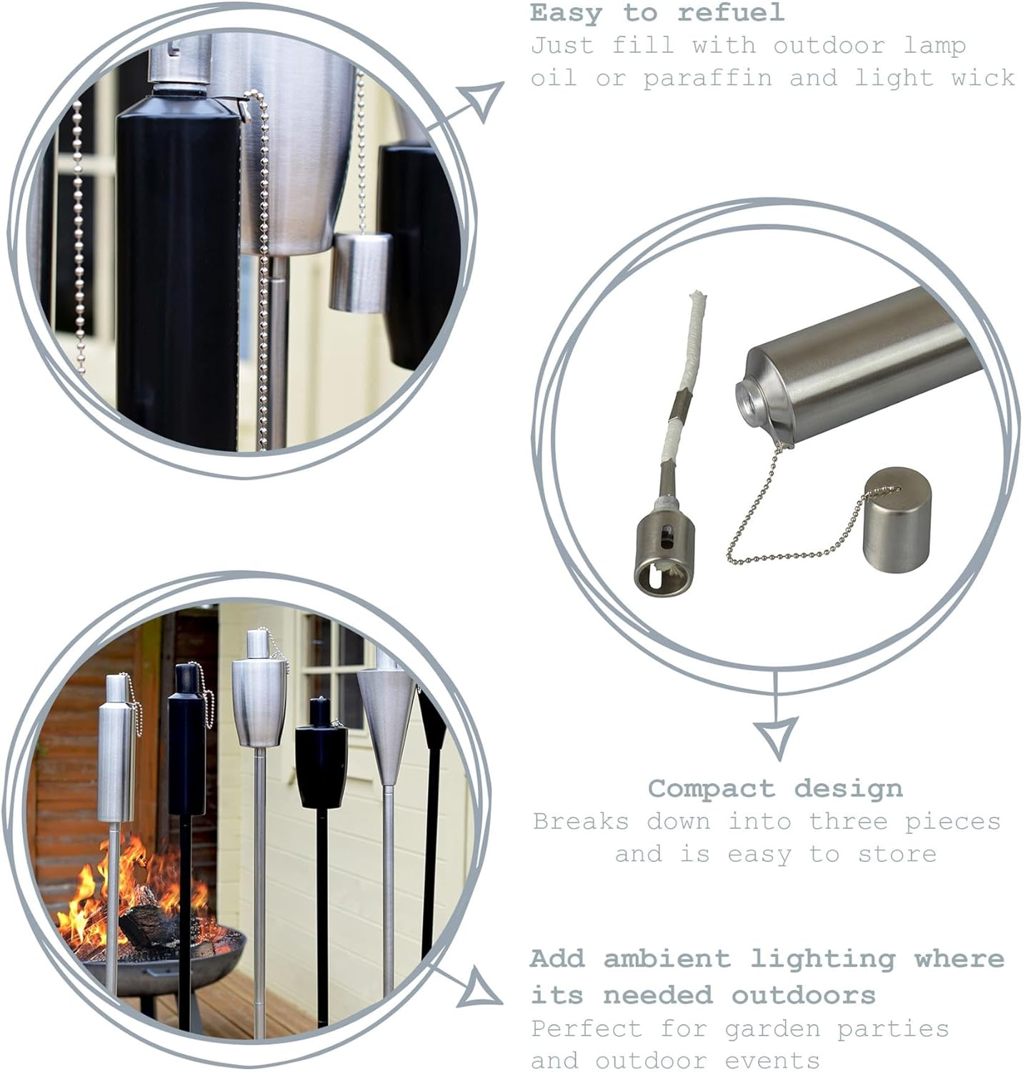 Harbour Housewares Metal Garden Torches - Cone - Pack of 6-146Cm Silver Garden Torches Lighting Modern Outdoor Lighting Paraffin Oil Lamp Candle Flame Lantern for Parties, Outdoor Events, Bbqs image number 2