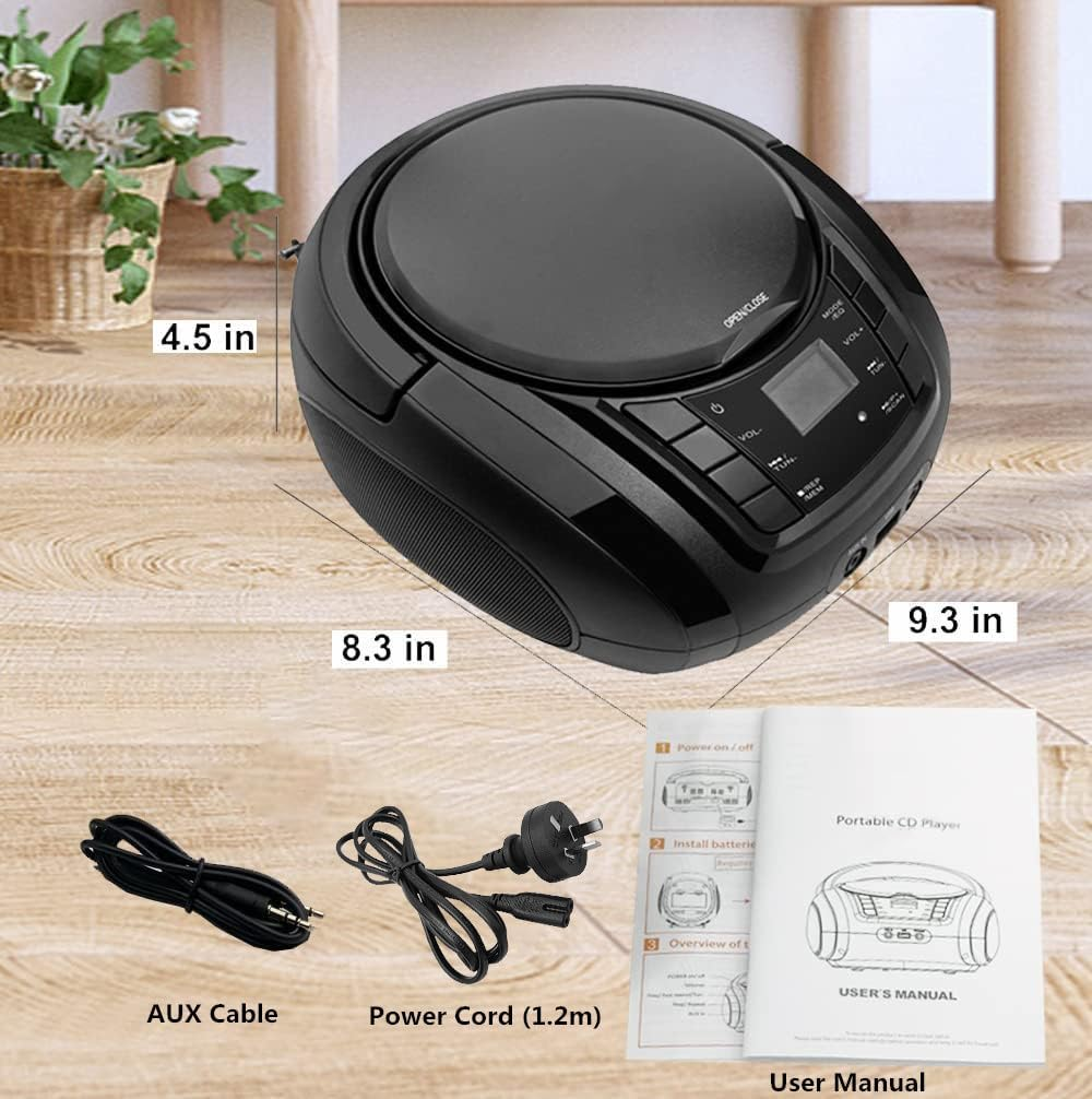 Portable Boombox - CD Player, Bluetooth, USB, MP3, AUX, FM Radio, Portable, Built-In Stereo Speakers, Carrying Handle, LCD Display, Black image number 5