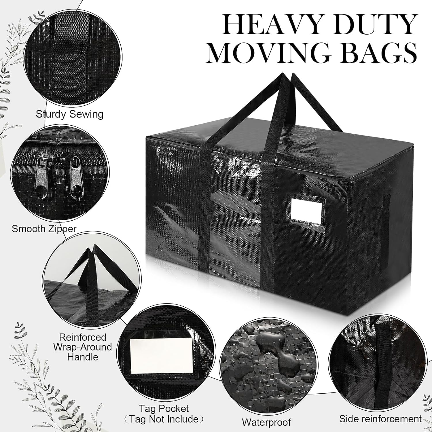 Extra Large Moving Bags Heavy Duty Totes for Storage Packing, Space Saving, Traveling, with Zippers & Strong Carrying Handles (4 Pack, 2 Blue&2 Black) image number 3