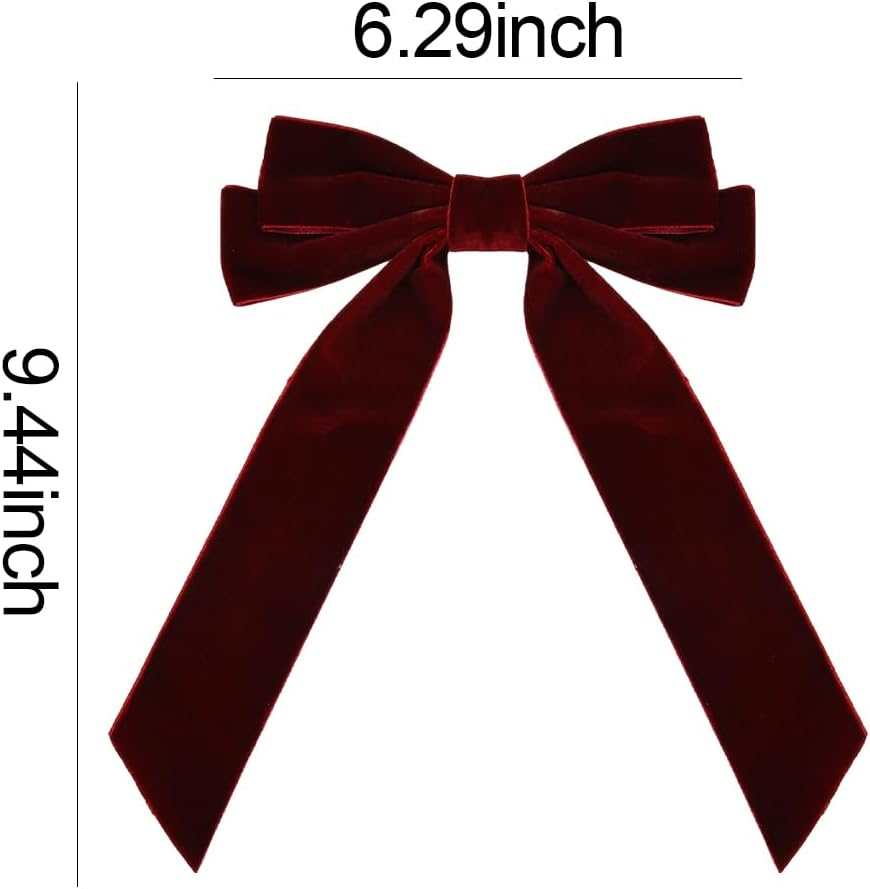 Velvet Bows for Girls Red Ribbon Bow Hair Clip Long Tail French Hair Barrettes for Women Velvet Christmas Bows for Hair Dark Red Bow Hair Accessories for Toddlers Alligator Clip image number 2