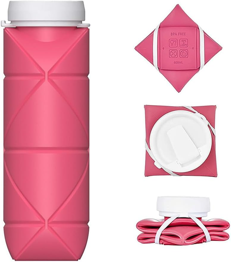 Collapsible Bottle Foldable Food Grade Silicone Water Bottle with Suction Nozzle,Collapsible Leak Proof Water Bottle for Sports,Fitness Gym,Gym Outdoor,Camping Hiking,Travel(Pink,600Ml)