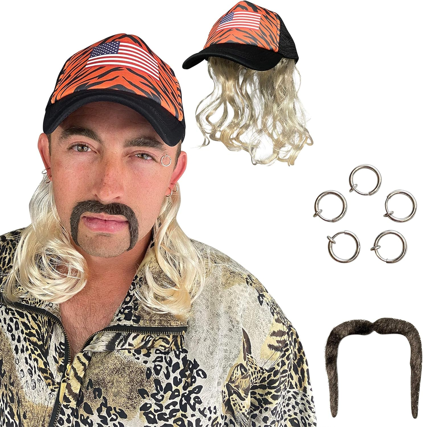 Watt'S Wigs - Exotic Tiger Joe Costume Kit, Blonde Mullet Wig with Hat, Clip on Earrings, and Mustache - One Size Fits All image number 2