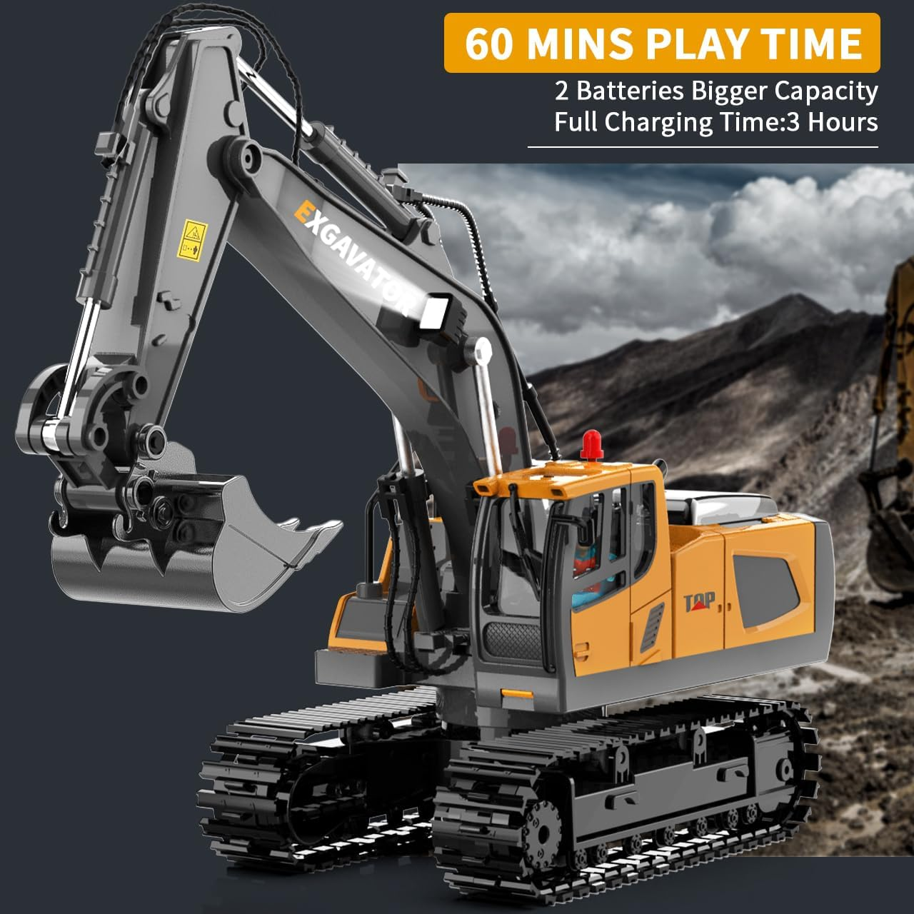 Remote Control Excavator RC Digger Toy for Boys, 11 Channel Hydraulic Turns 680 Degree, Construction Toys with Metal Shovel, Lights, Sounds, 2 Rechargeable Batteries, Yellow image number 6