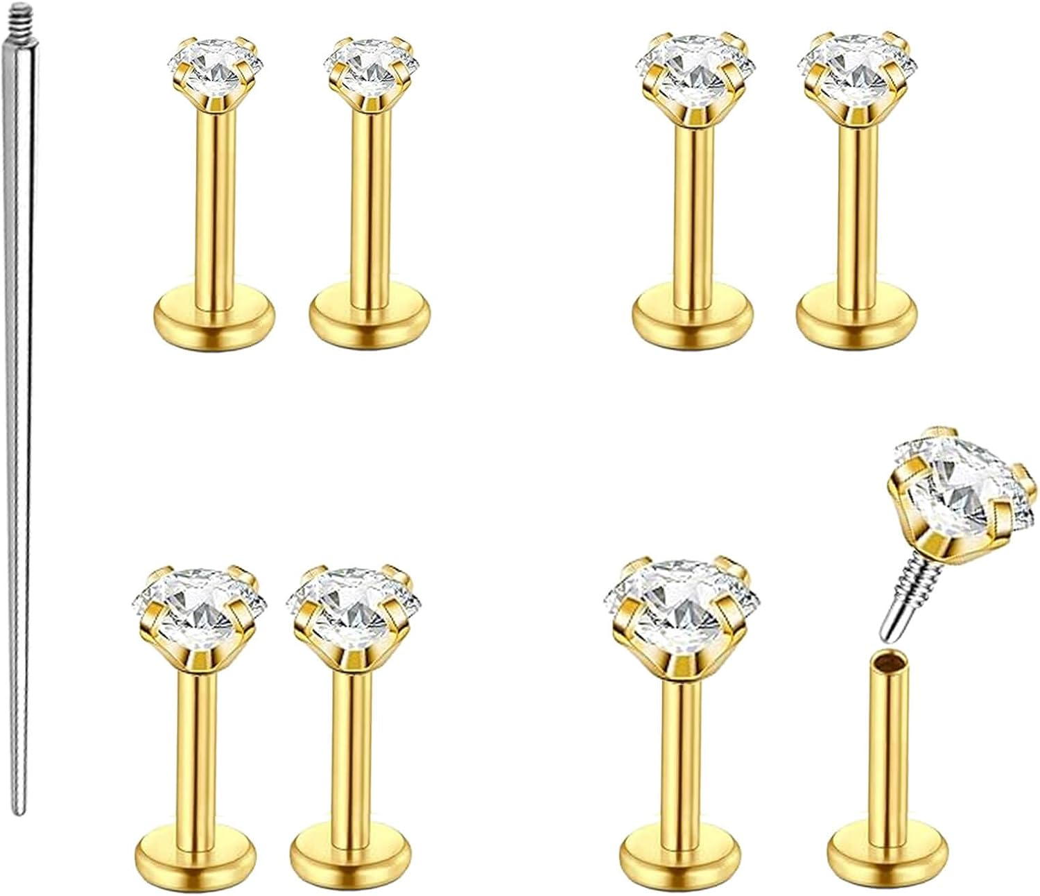 QXXPVV 16G 18G Flat Back Earrings Stud Stainless Steel Extended Internally Thread Tragus Labret Nose Cartilage Lip Medusa Conch Body Piercing Jewelry Hypoallergenic for Women Men