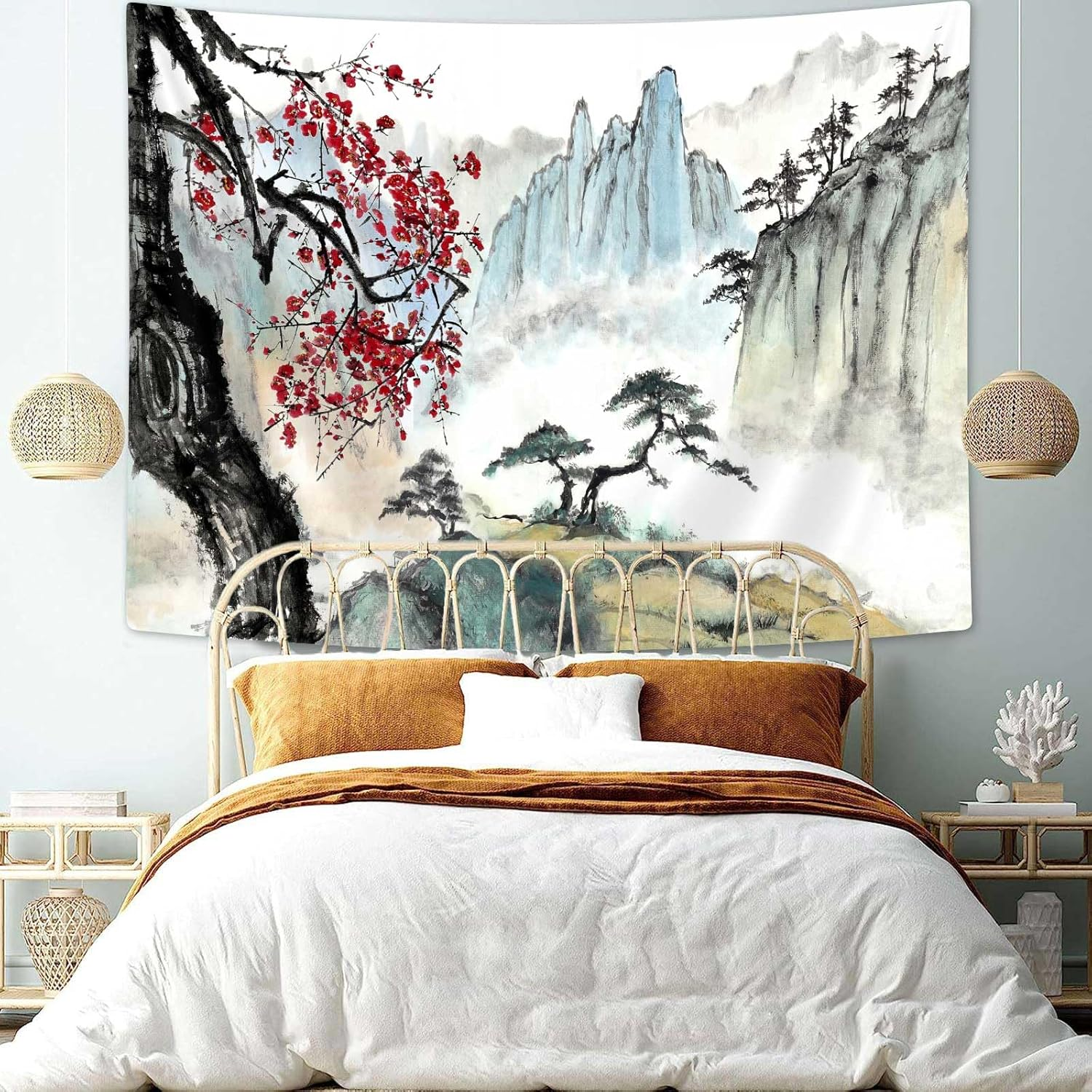Bcsewcg Japanese Cherry Blossom Anime Wall Tapestry, Nature Landscape, Aesthetic Wall Art for Bedroom, Living Room Home Decor