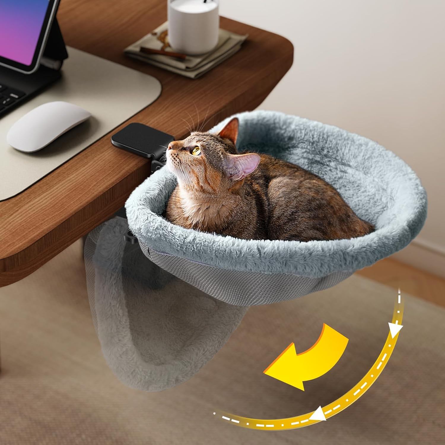 JUNSPOW Cat Desk Bed, One-Touch Folding, Sinking Bed, Space Saving Semicircular, Rabbit Fur Material (Soft Feel), Suitable for Various Desks, Load Capacity 18 Kg image number 3