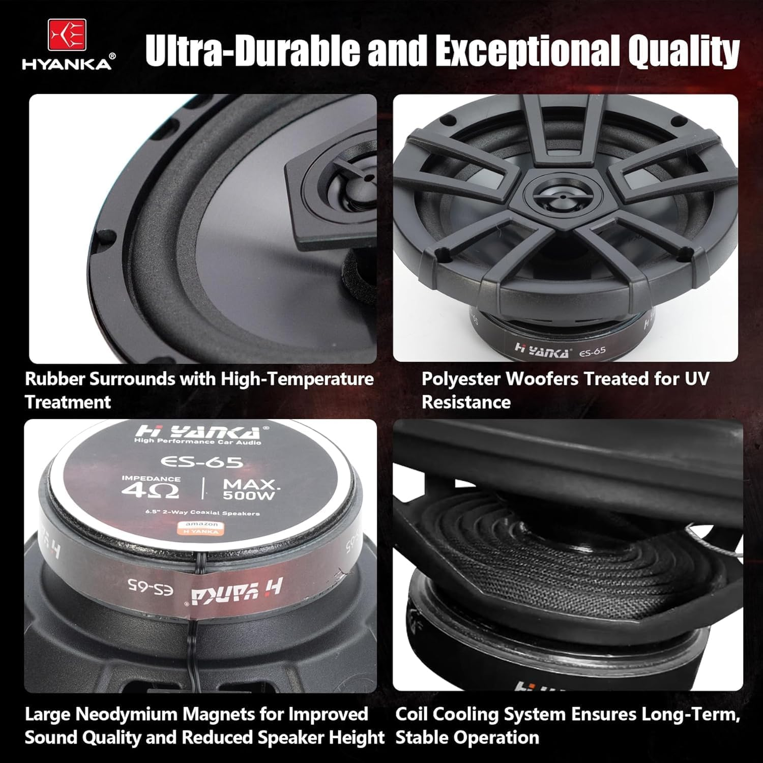 H YANKA 6.5 Car Speakers, Full Range Stereo 500 Watt Max 2-Way Coaxial Car Audio Speakers, Professional Car Door Speakers, Sound Stereo and No Distortion, Y30 Magnet Woofer and Ndfeb Tweeter （1 Pair）