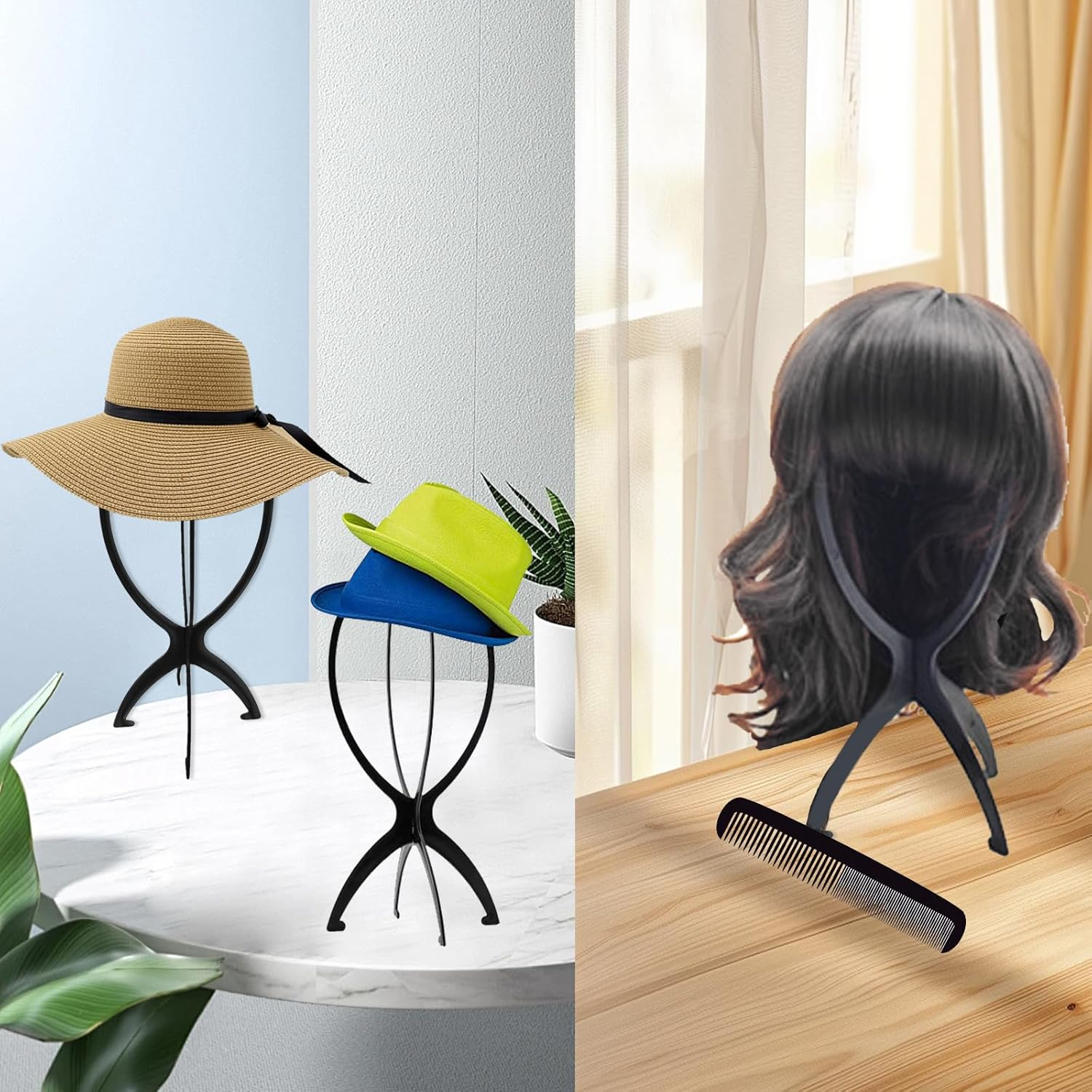 Youery 3 X Plastic Wig Stand, Wig Head, Wig Stand Set, Wig Hold, 3 Pieces Wig Net, 35 X 18 Cm, Black, Can Be Used for Hats and Wigs image number 5