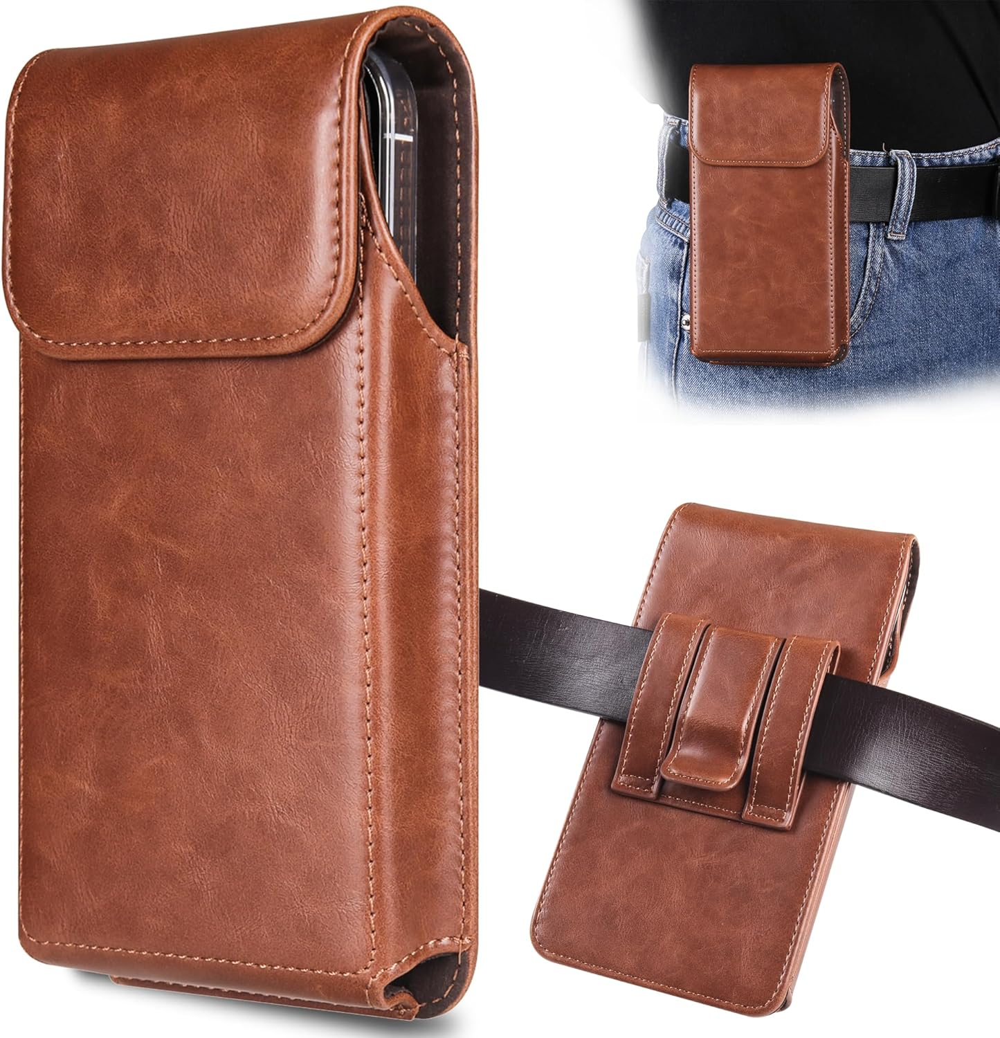 INGIDO Holster for Iphone 15, 14, 13, 12, 11, XR, Galaxy S24, S23, S22 - Premium Leather Pouch with Belt Clip Phone Case, Black - Medium
