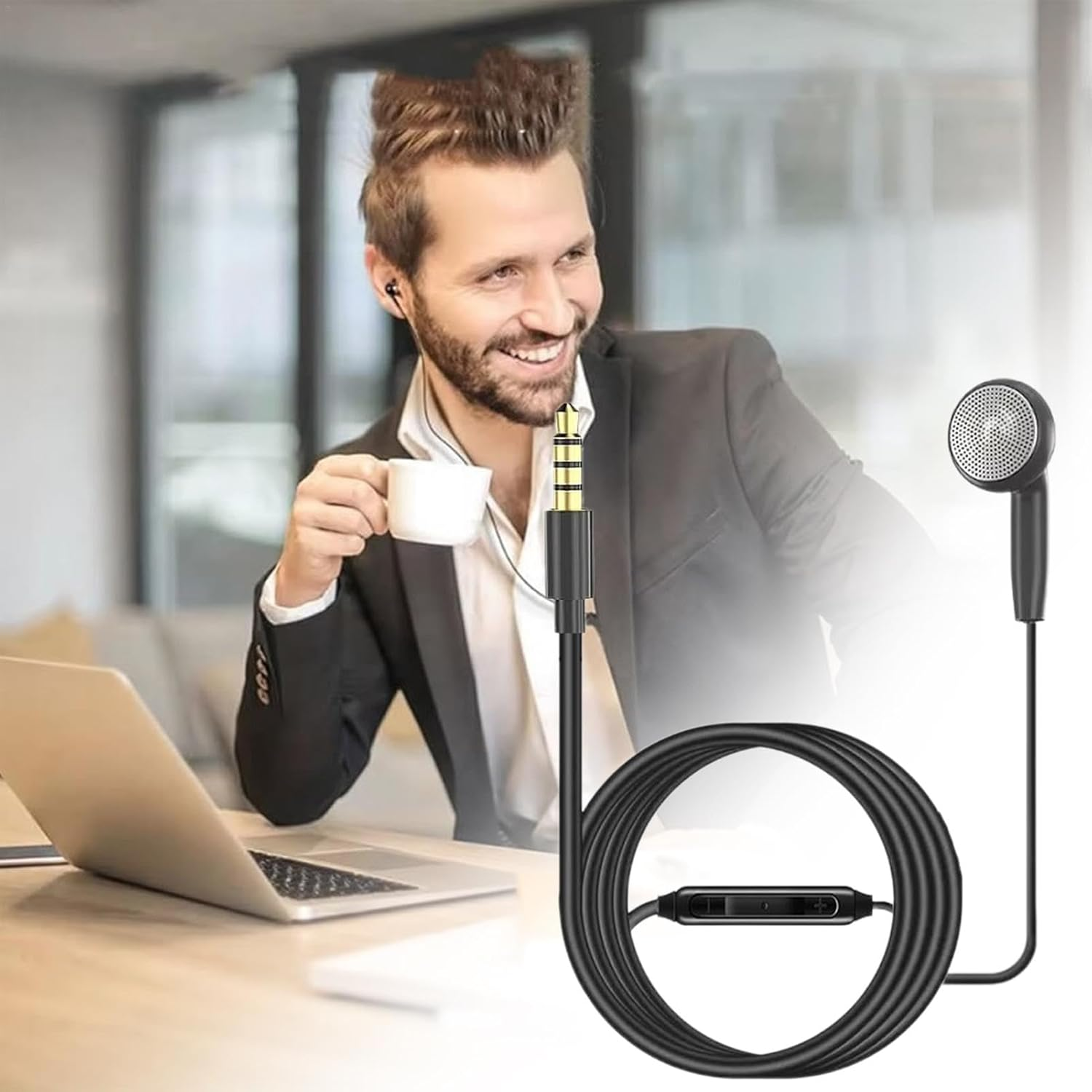 Single Side Earphone | Business Study Headset for Smartphone with Microphone | Single Ear Headphone Wire Control for Family, Coworkers, Students image number 2