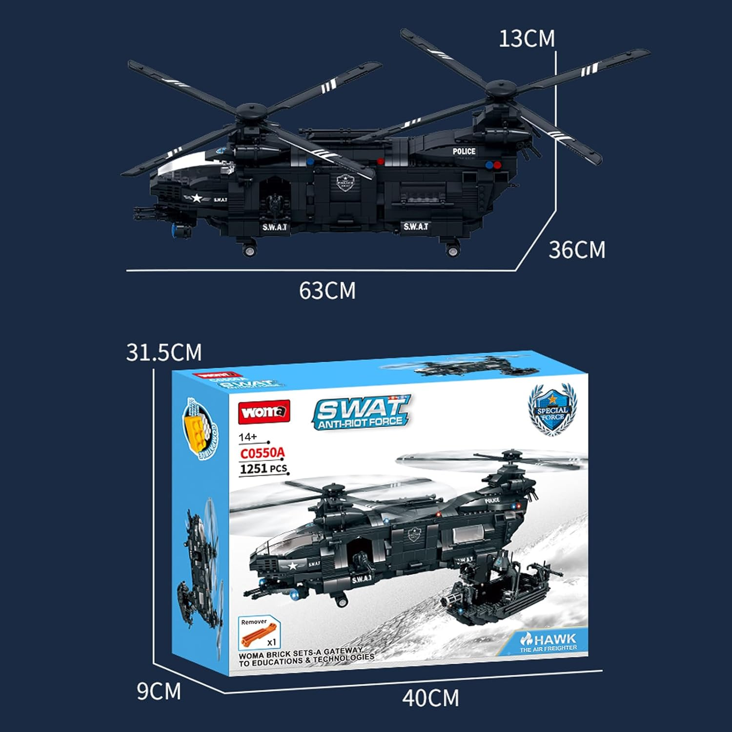 WOMA Pave Hawk Helicopter Building Block Set, SWAT Airplane with Warship Building Kit, 1251 PCS Military STEM Toys for Kids 6-12 image number 5
