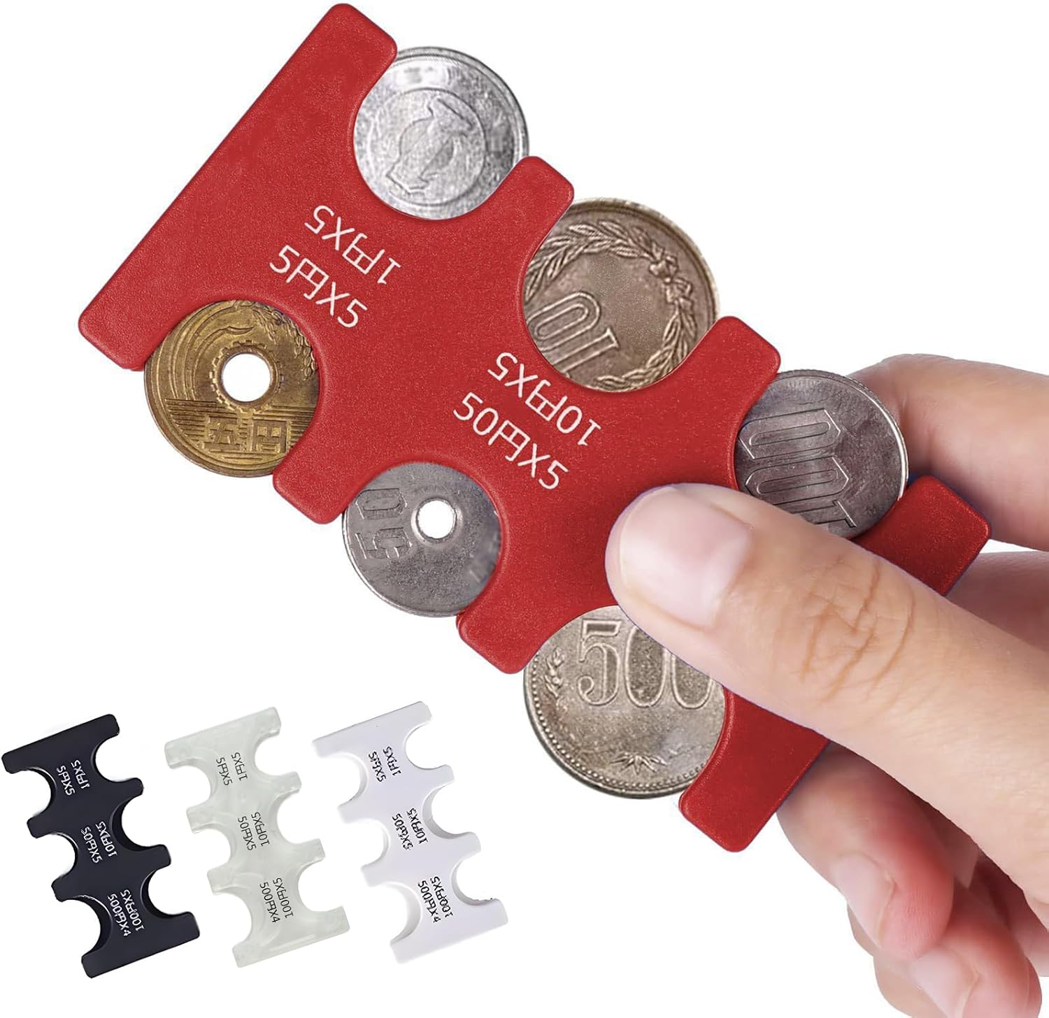 4 Pcs Japanese Yen Coin Holder, Hard Case Organizer with 6 Individual Slots, Portable JPY Coin Storage and Dispenser for Travel Shopping, Holds 1/5/10/50/100/500 Yen Coins (Black, Red, White, Clear)