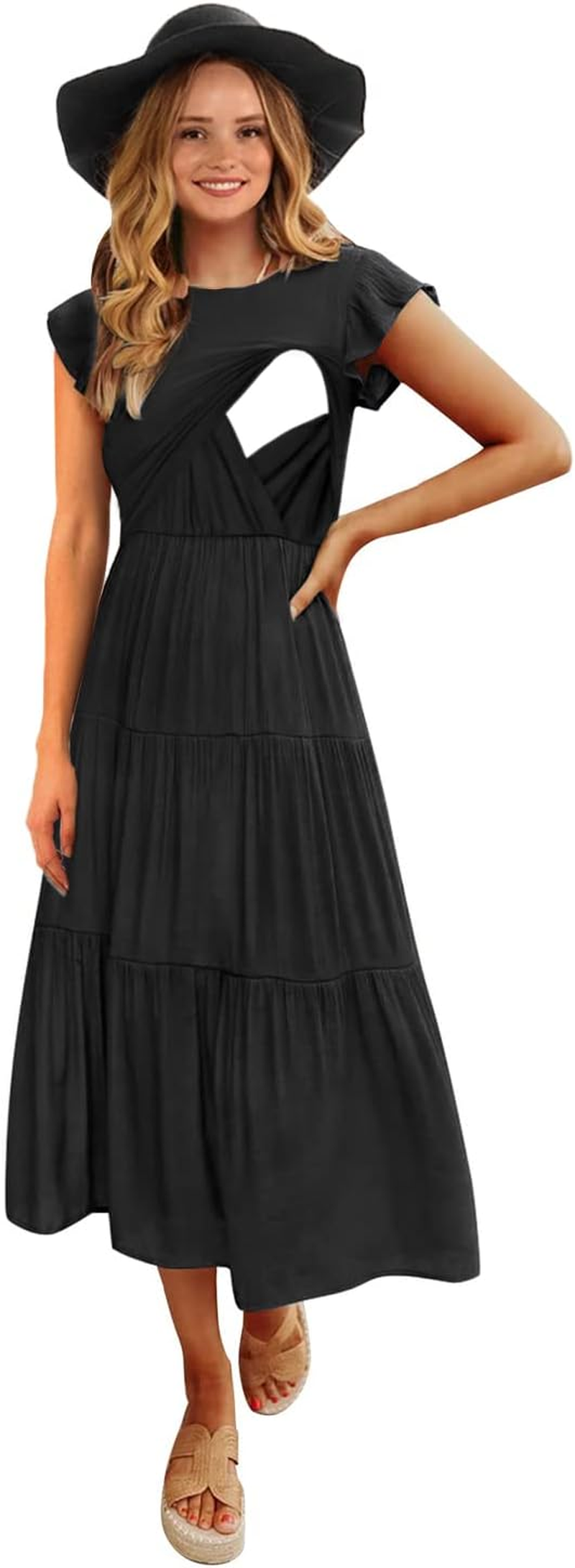 Womens Flutter Short Sleeve Smocked Tiered Nursing Dress for Breastfeeding