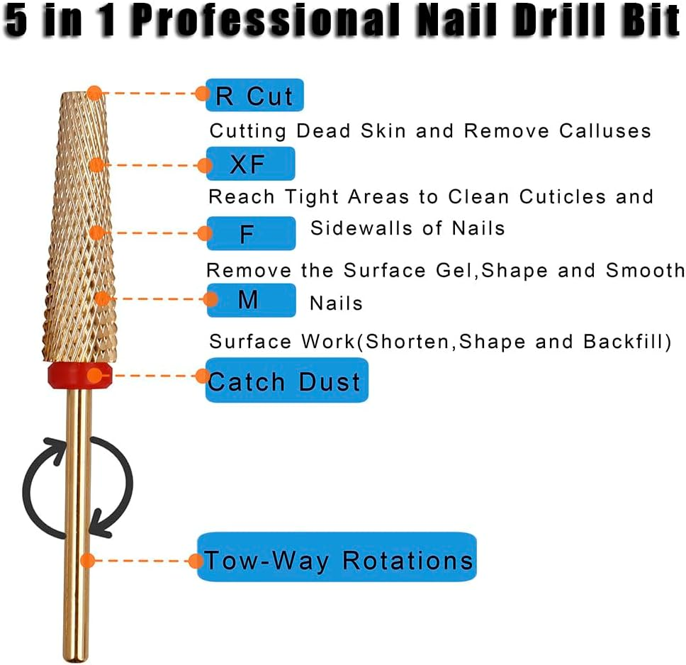 Yakamoz 4Pcs Professional Carbide Tungsten Nail Drill Bit Set, 5 in 1 Extension Nail Drill Bits,3/32 Inch Diameter Two Way Rotate Advanced Safety Bits for Manicure Pedicure Cuticle Acrylic Hard Gel Nails image number 3