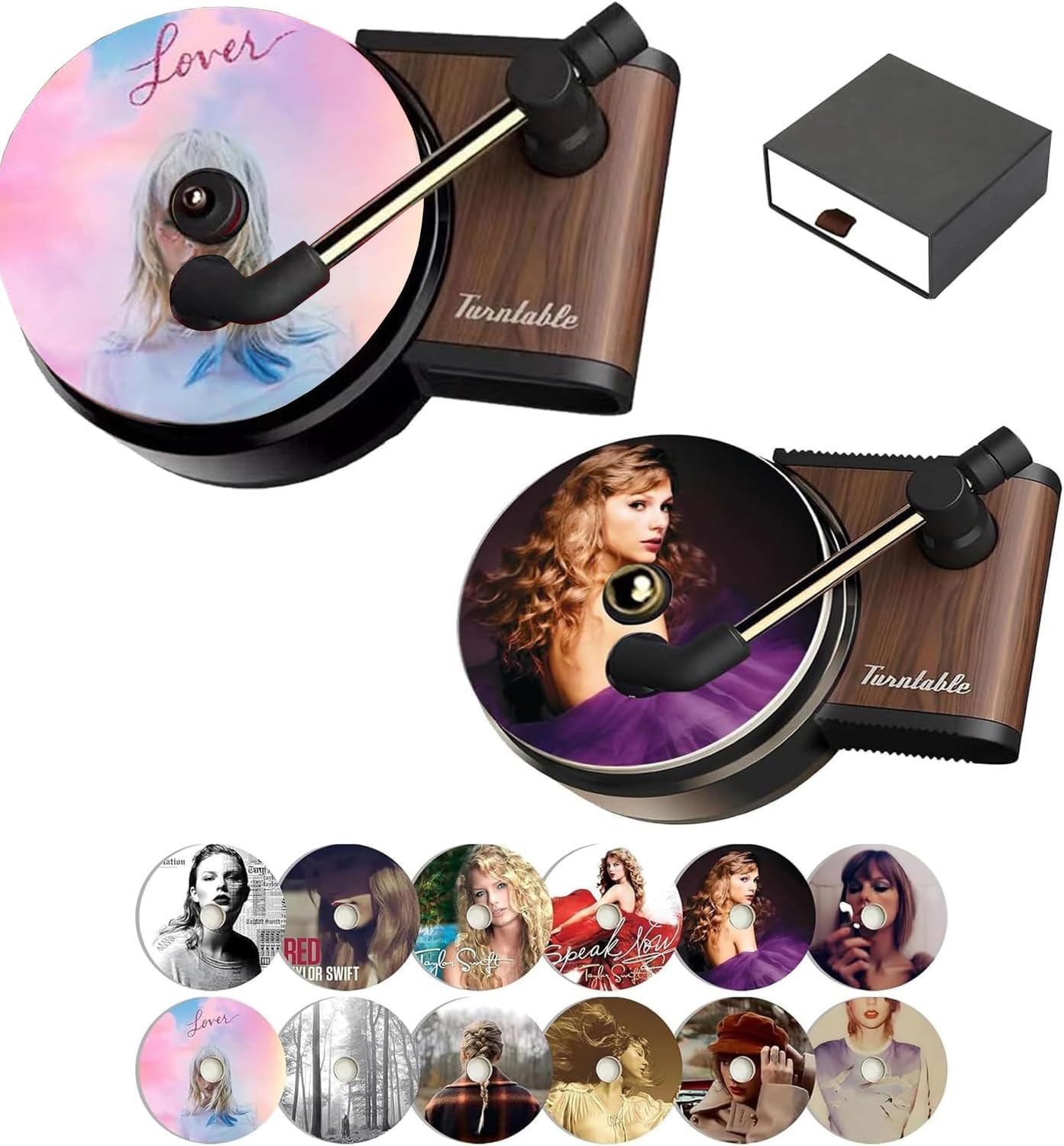 2 Pcs Taylor Car Air Fresheners Vent Clips with 12 Pcs Album Cover Air Fresheners, Retro Style Record Player Air Freshener Car Accessories Decoration, Music Lovers Gift