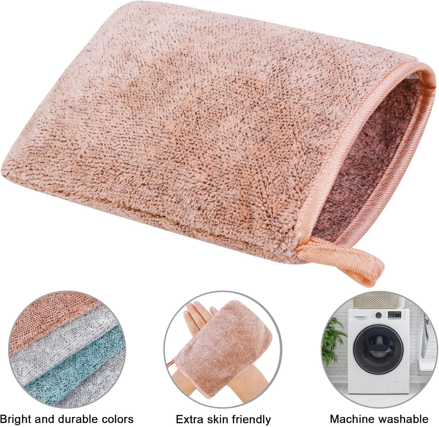 6 Pack Microfiber Body Wash Mitts, 6&times;8 Inch Super Absorbent & Soft Face Mitten, Coral Fleece Body Cleansing Bath Spa Cloth, Reusable Makeup Remover Mitt Gloves, 6 Colors (Pink) image number 6