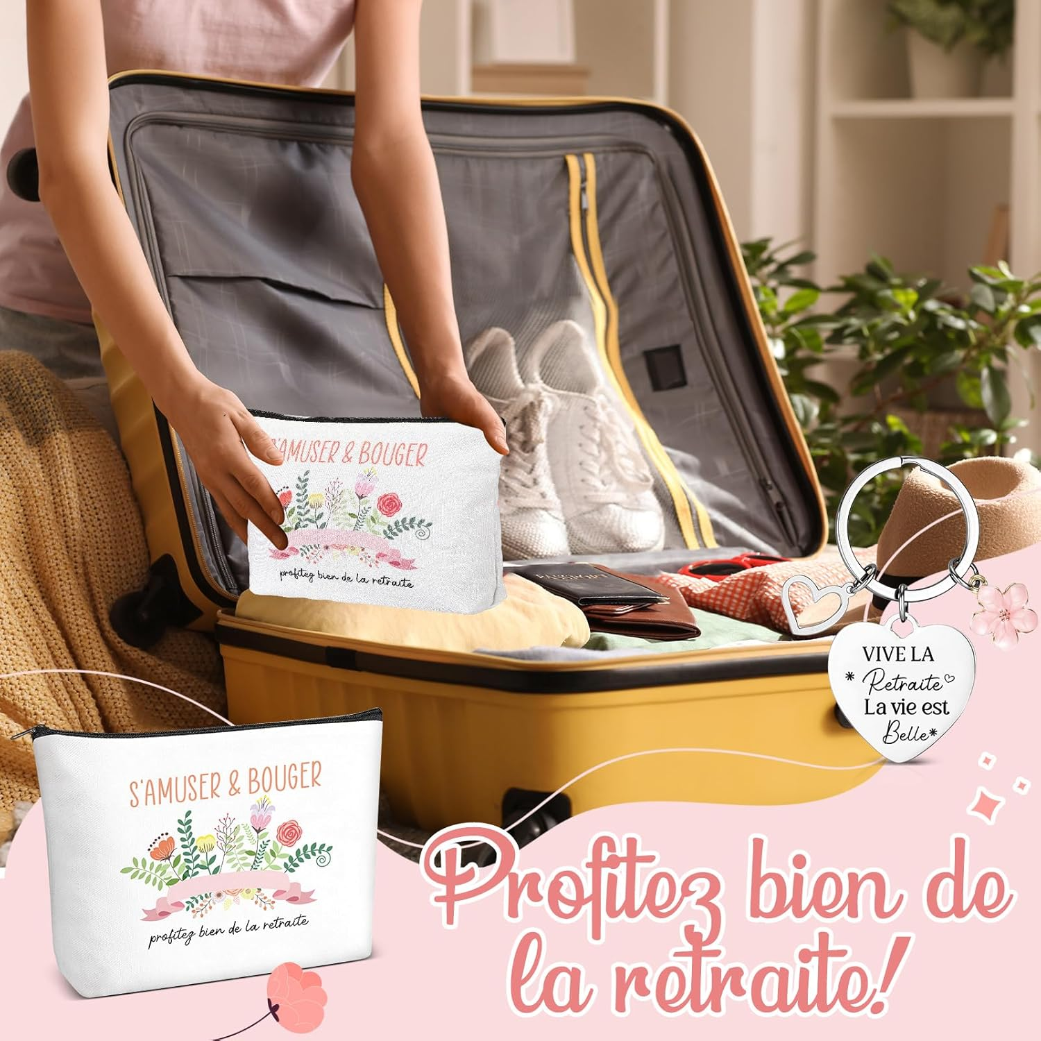 Xuniea Retirement Gift Set for Women - Travel Cosmetic Bags and Keychains, Flower Design, Practical Gift for Colleague, Teacher or Wife, as Shown, Fashion image number 2