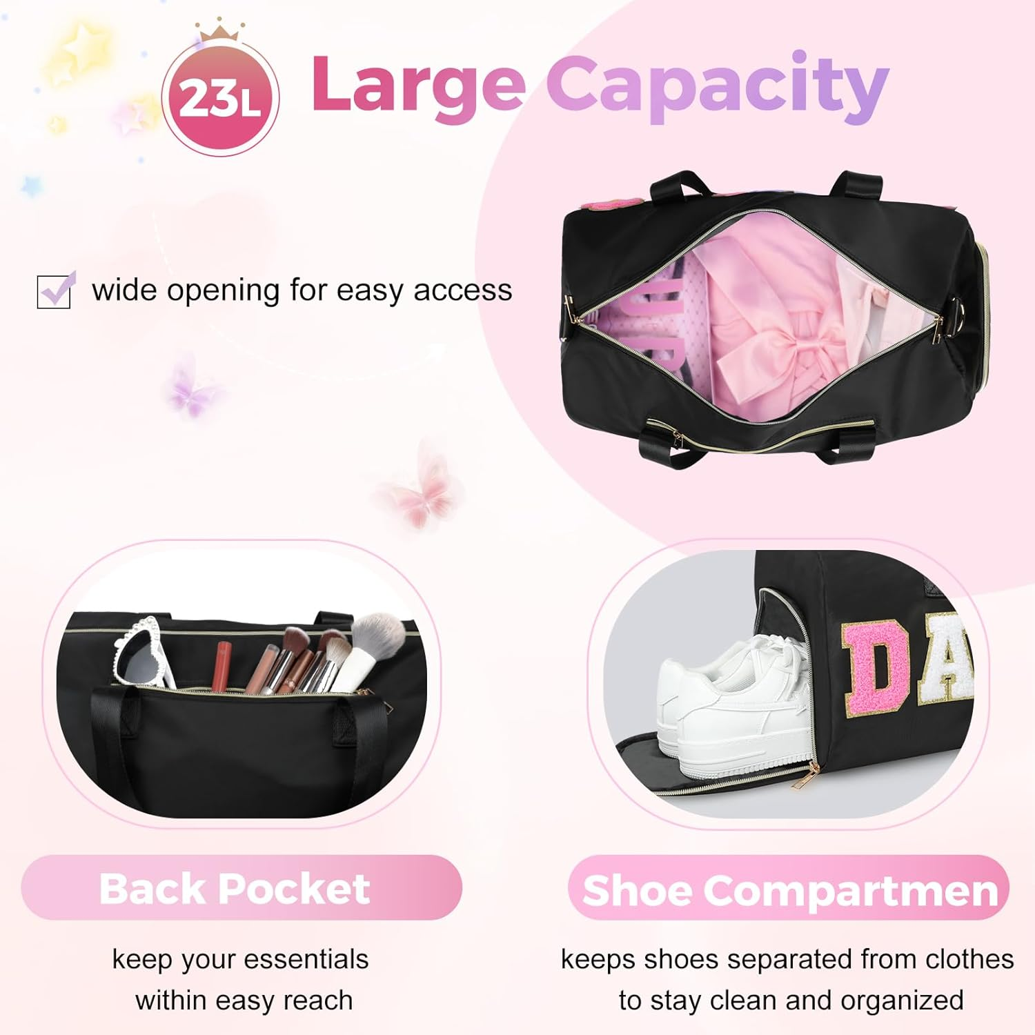 Dance Bag for Girls KUIRAN Small Gym Bag for Women Duffel Bag Weekender Duffel Bag 23L Capacity Workout Chenille Letter Bag for Dancers, Girls, Teens, Student Athletes, Black/Shoe Compartment, 15"Lx10 - Black image number 3