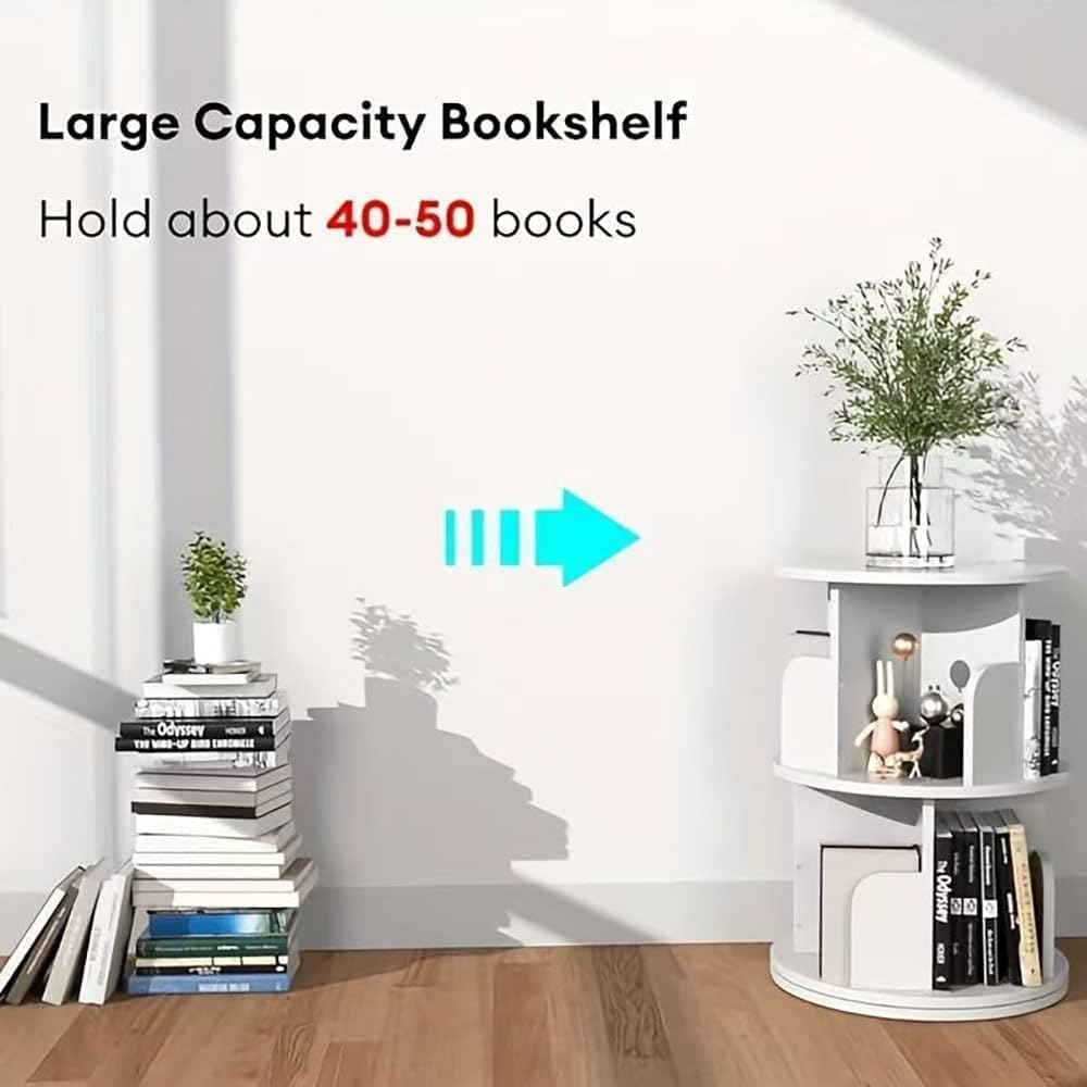 Hbluefat Rotating Bookshelf, 2-Tier Revolving 360 Display Wood Bookcase, Small round Swivel Standing Book Shelf Tower for for Bedroom, Living Room, Study Room (White1) image number 1