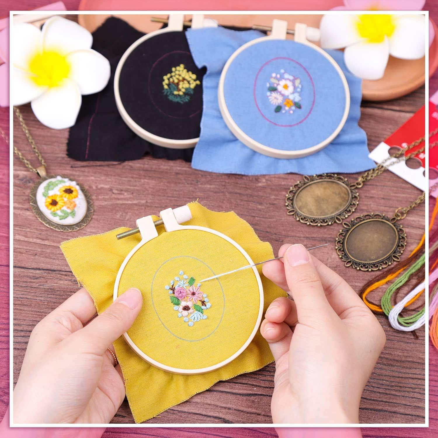Embroidery Pendant Kit for Beginners, Shynek Embroidery Starter Kit with Pattern and Instructions Cross Stitch Kit Including Pendant Trays Embroidery Clothes with Floral Pattern, Embroidery Hoops image number 4