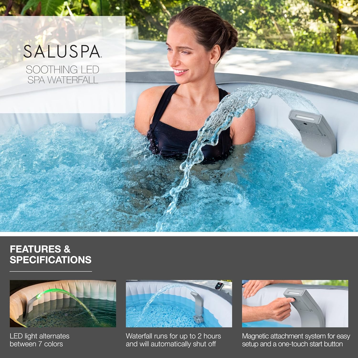 Bestway Saluspa Waterfall Feature with LED Lights | Built-In Lights with 7 Color Modes | Compatible with Most Bestway Inflatable and Portable Saluspa Hot Tub Spas