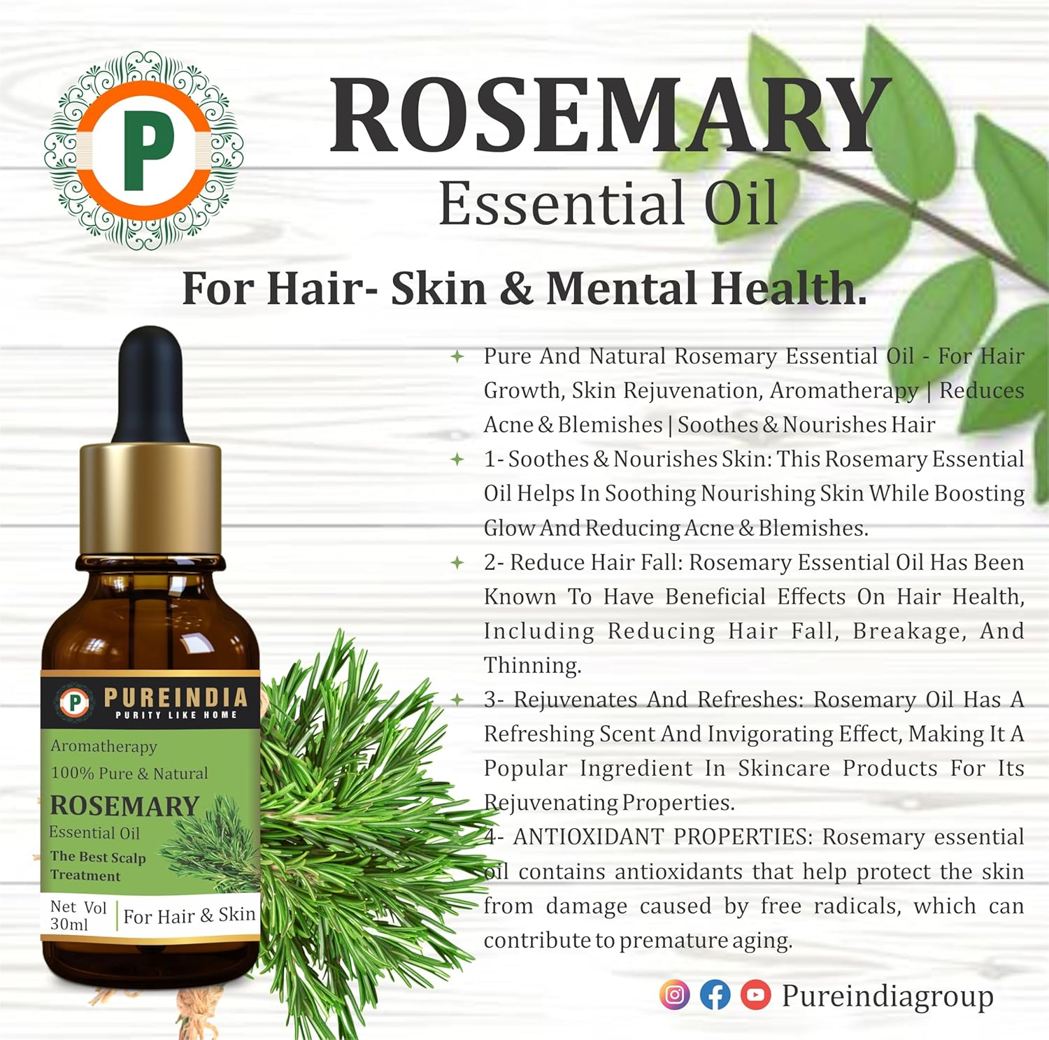 Pureindia Rosemary Essential + Coffee Essential Oil for Hair Growth, Hair Fall Control and Nourishment, Skin Care, 100% Pure, Natural, Undiluted |Pack of -2, 30Ml Each image number 4