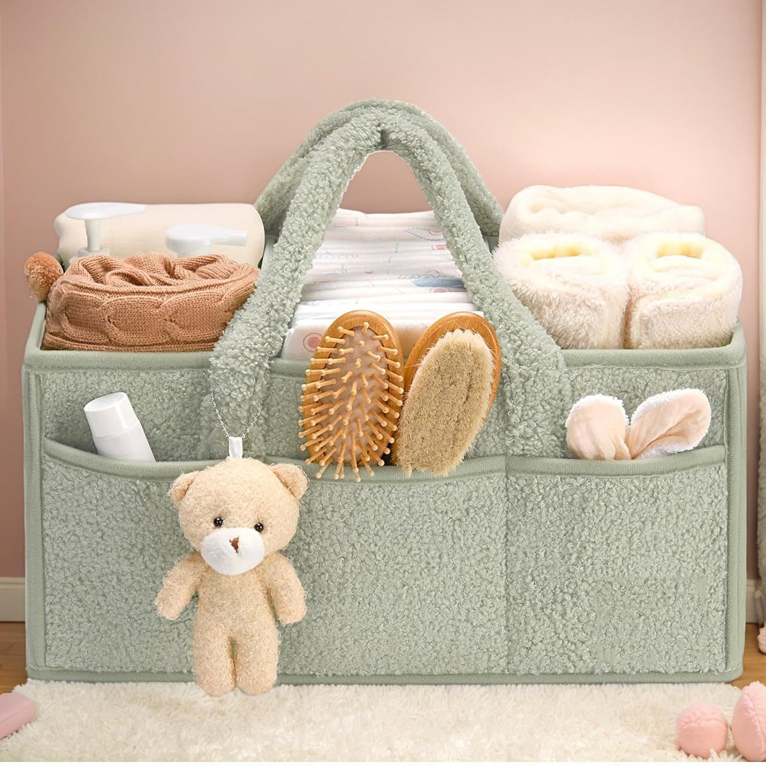 Baby Changing Bag Organiser, Baby Storage Bag with Removable Dividers, Multifunctional Portable Changing Organiser with Bear, for Wet Wipes and Baby Items, 38 X 25.4 X 17.8 Cm