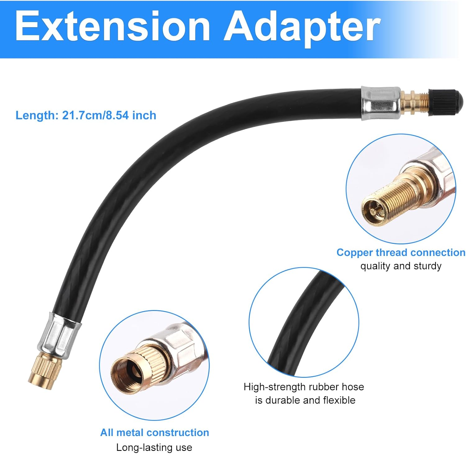 Gosknor Tire Valve Extension, 8.54 Inch Flexible Valve Stem Extender Valve Stem Extension Hose with 135 Degree Brass Tire Valve Extension Adapter Compatible with Motorcycles Cars Trucks Bicycles Rvs image number 3