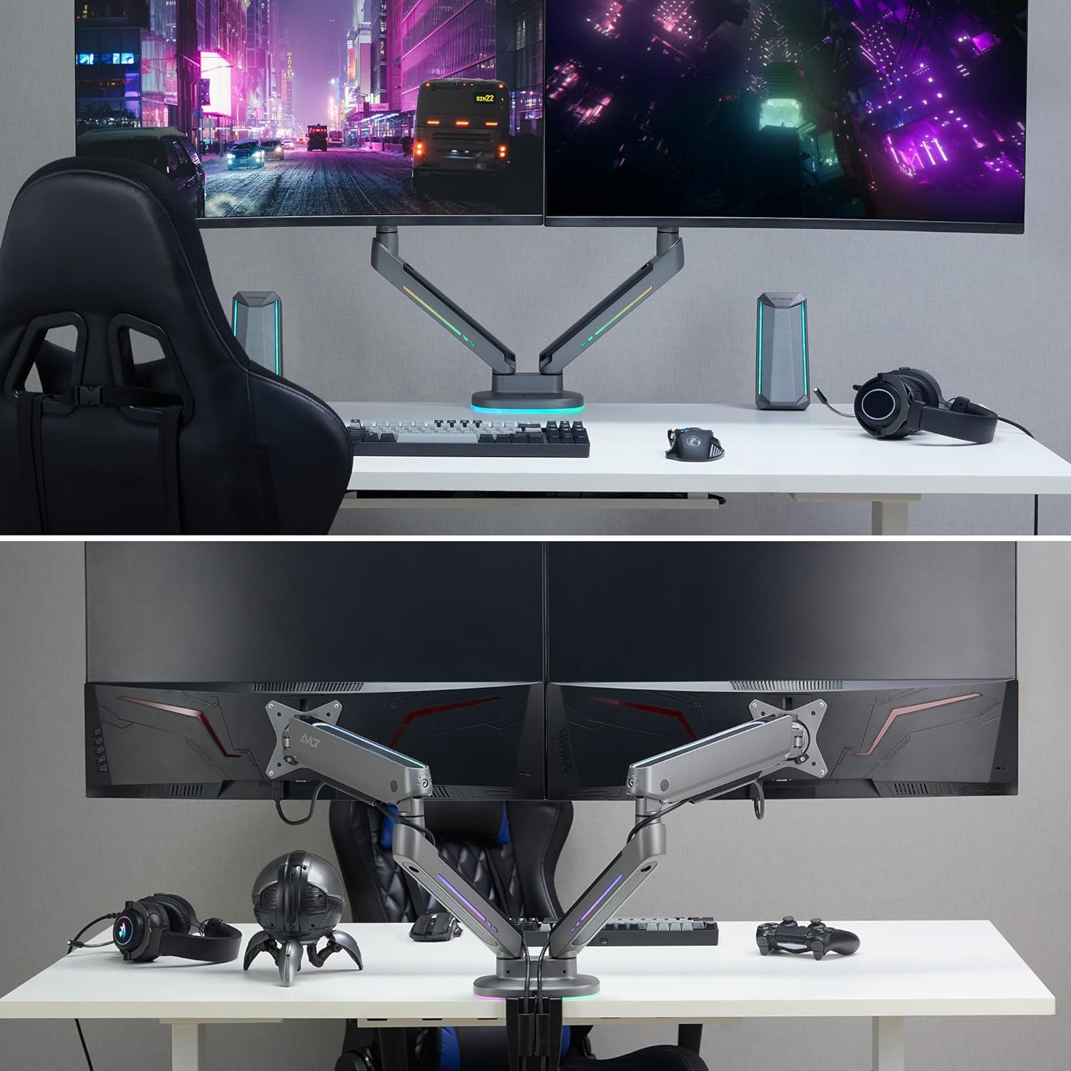 AVLT Dual RGB Gaming Monitor Arms Desk Mount, Fits 27&rdquo;-43&rdquo; Ultrawide Screens, 20 Lighting Modes with Touch Control, Adjustable Height, Swivel Tilt Rotation Stand - Dark Gray image number 2