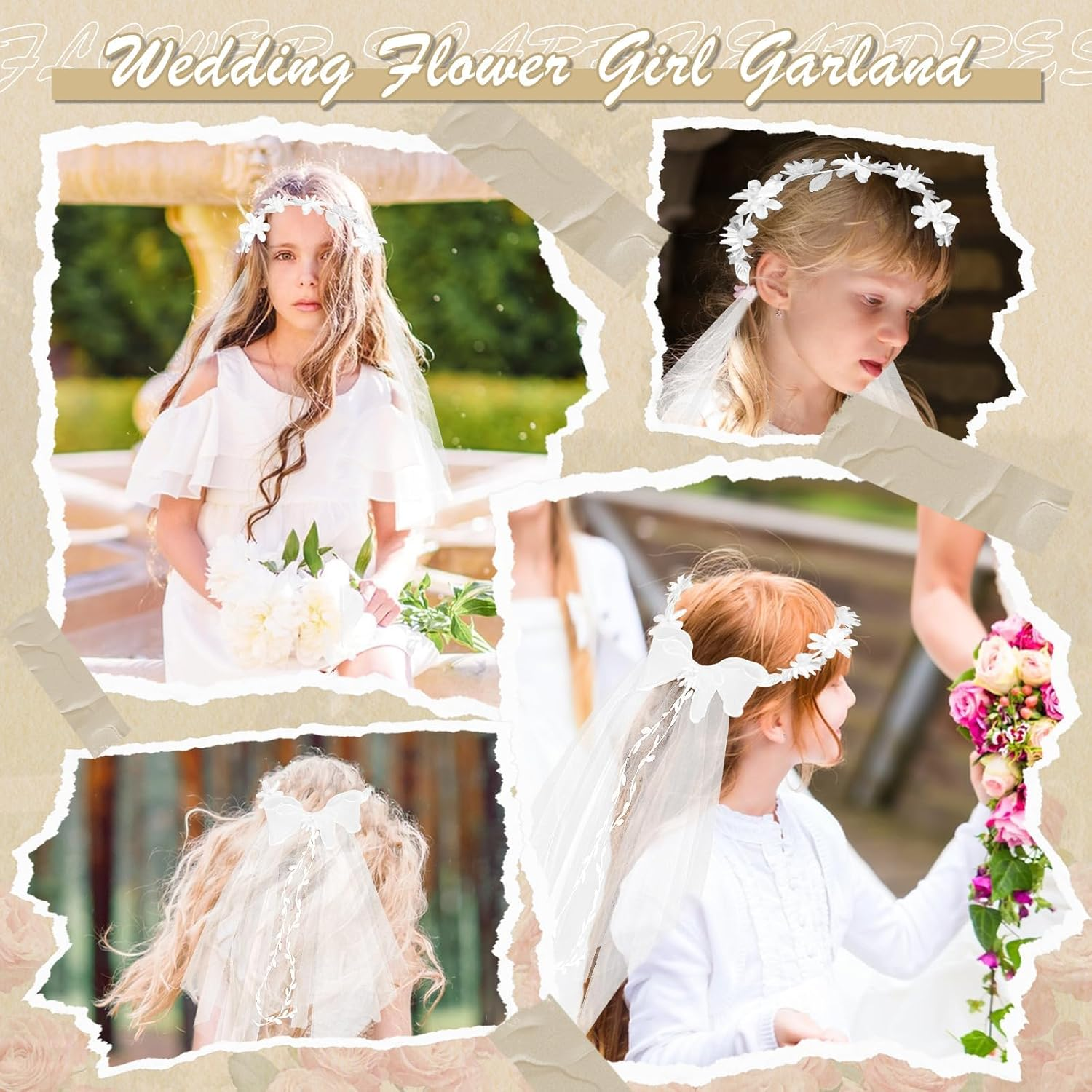 KERANEET Wedding Headband Flowers Headband Wedding Hair Accessories Communion Girls Flowers Headband White Girls Flower Headdress Wedding for Flower Girls and Bridesmaid image number 2