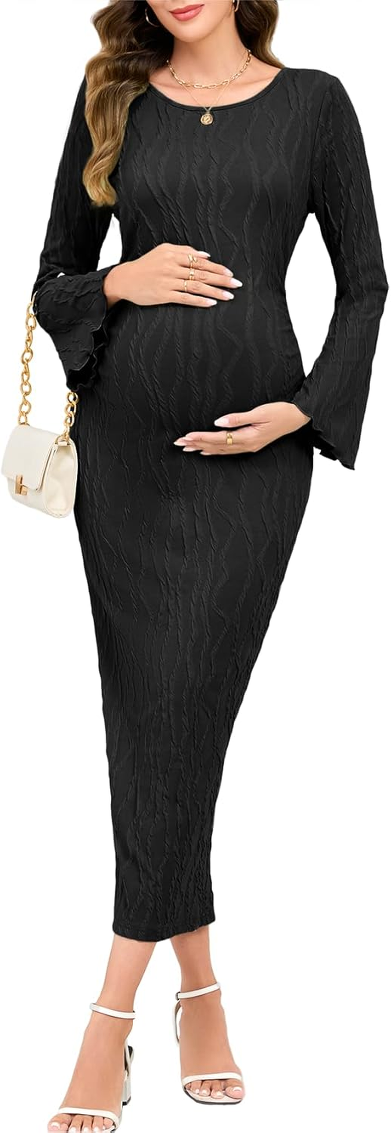 Maternity Dress Ribbed Knit Long Sleeve round Neck Bodycon Mid Pregnancy Dresses Casual Baby Shower Bell Sleeve