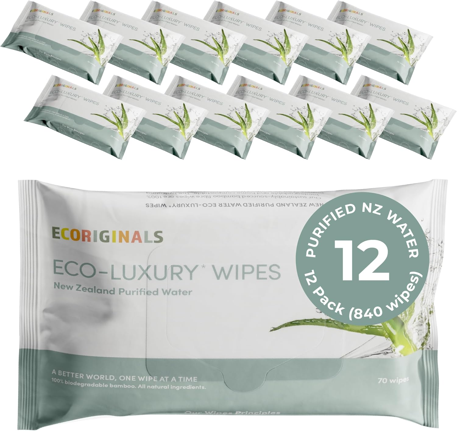 Ecoriginals - 12 Pack of Wet Wipes - Biodegradable Baby Wipes with Purified New Zealand Water, Amino Acid & Aloe Vera Extract - Sensitive Baby Wipes - Baby Essentials for Babies, 12 Pack (840 Wipes) image number 3